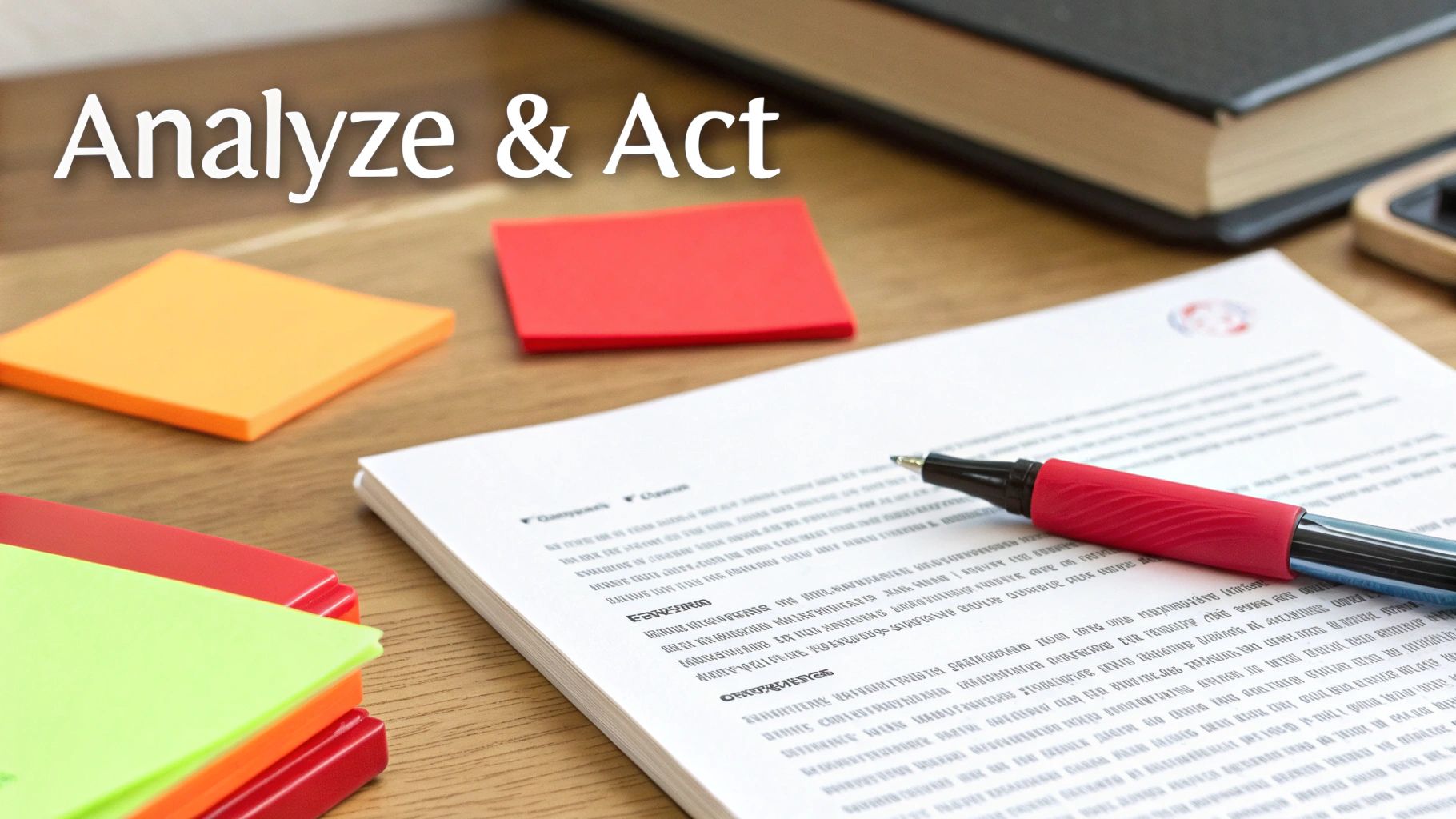 A desk scene with a document, red pen, colorful sticky notes, and 'Analyze & Act' text overlay.