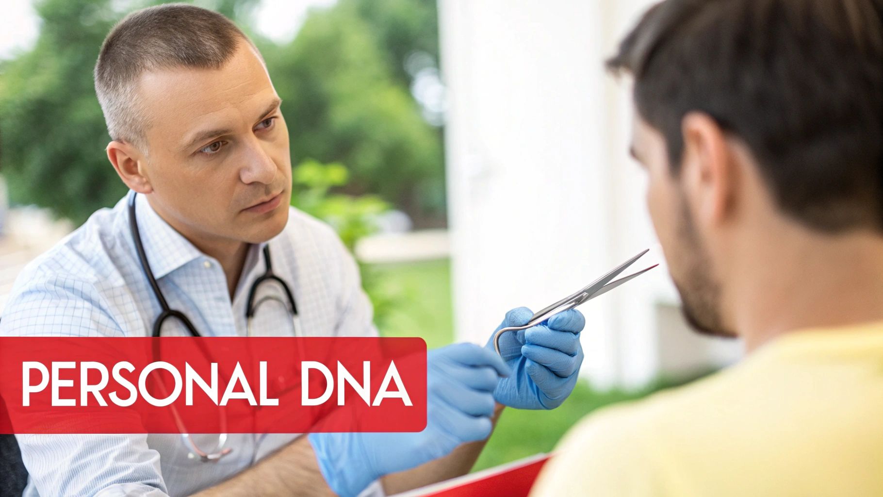 A doctor in blue gloves holds forceps with a blood sample, facing a patient, with 'PERSONAL DNA' overlay.