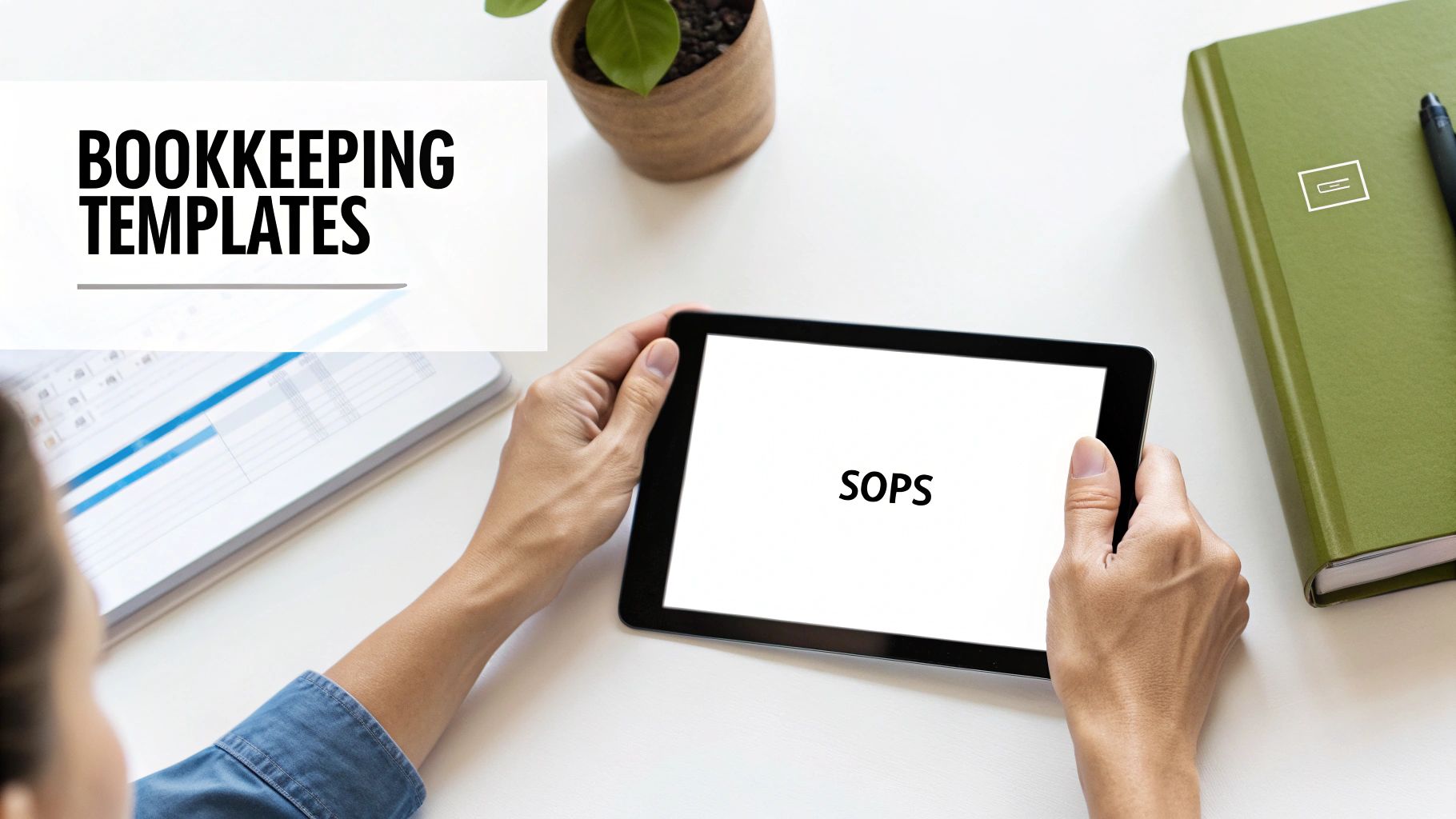 Person holding a tablet showing 'SOPS', with 'BOOKKEEPING TEMPLATES' title and a green notebook on a white desk.