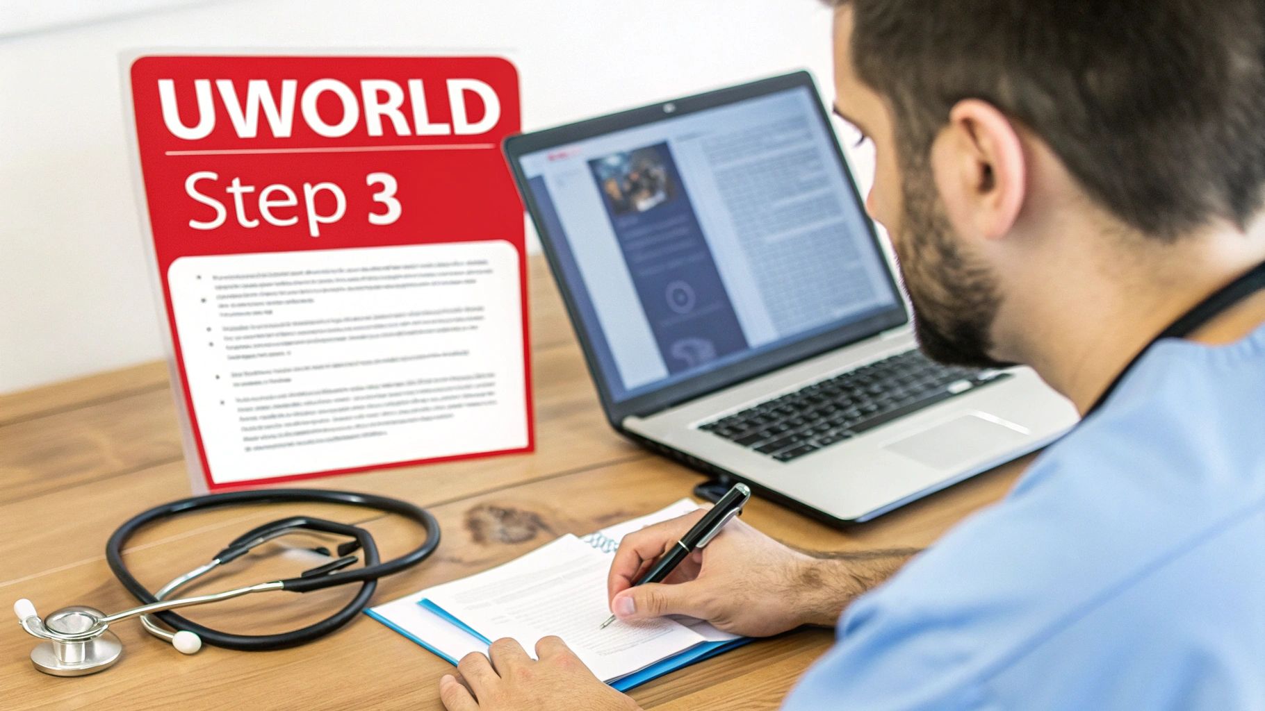 A medical student studies for UWORLD Step 3, writing notes with a laptop and stethoscope.