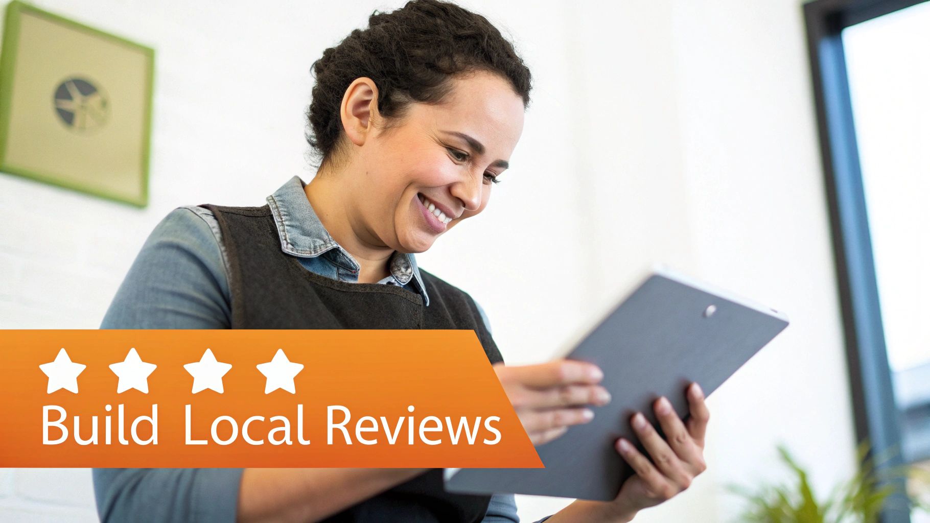 Smiling woman reviews content on a tablet with a prominent 'Build Local Reviews' banner.