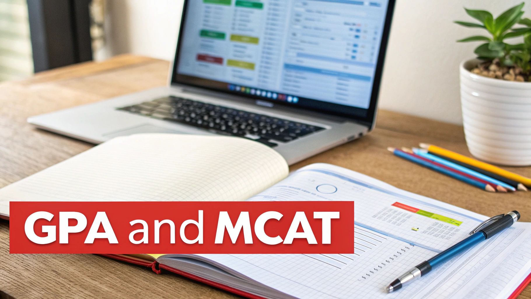 A desk setup with a laptop, open notebooks, pencils, and a plant, featuring a banner for GPA and MCAT.