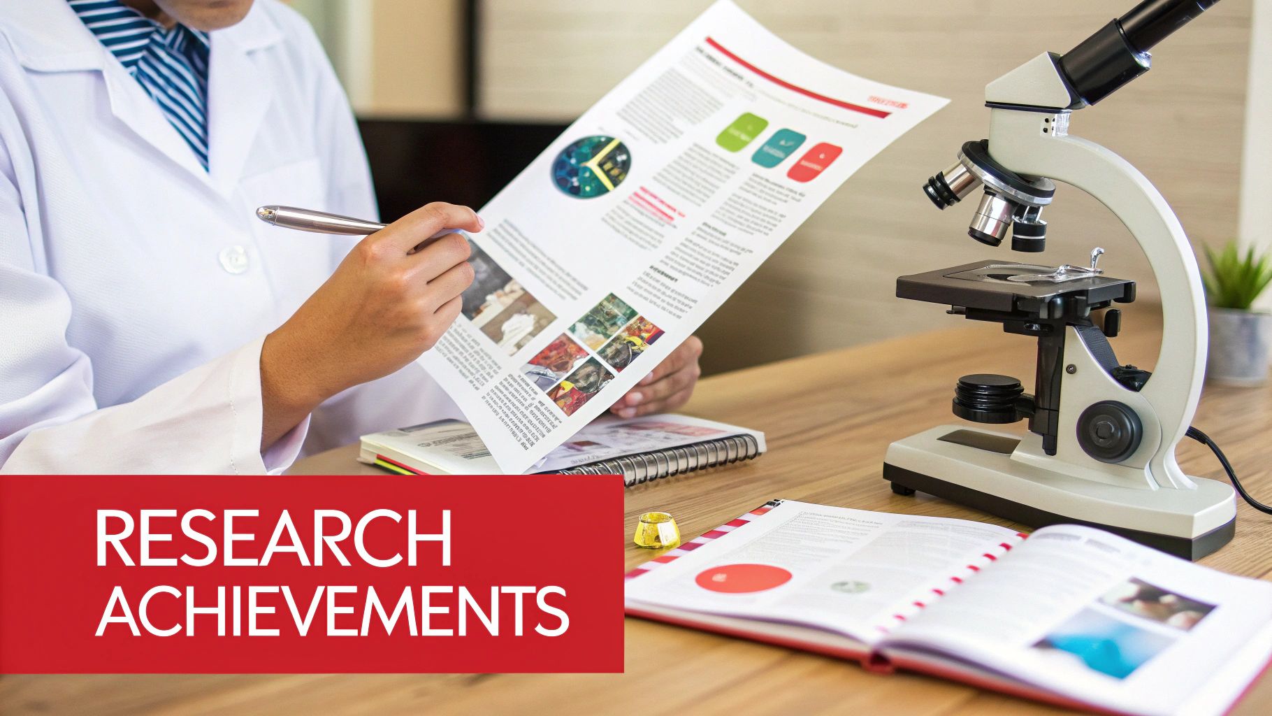 A person in a lab coat reviews a research document with charts, images, and text, with a microscope nearby.