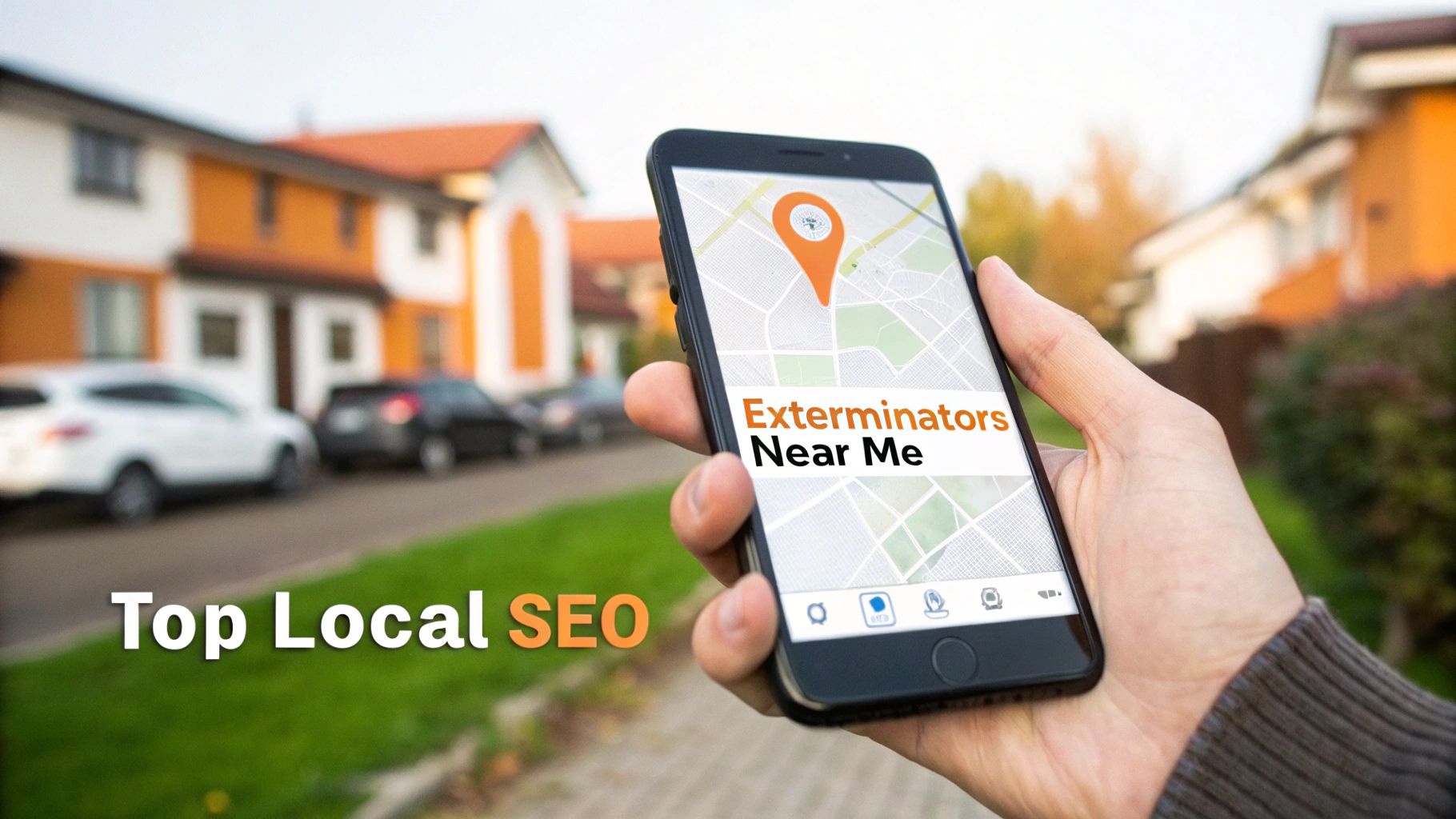 A hand holds a smartphone displaying a map with 'Exterminators Near Me' and a location pin, highlighting Top Local SEO.