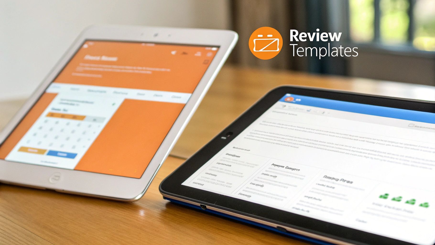 Two tablets on a wooden table, one showing a calendar, the other text, with 'Review Templates' text overlay.