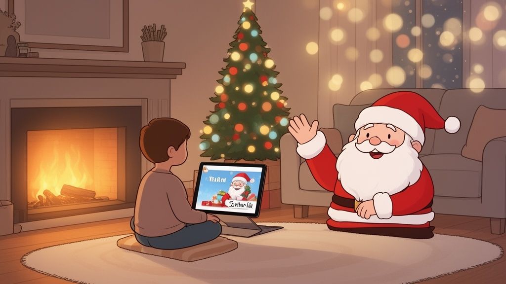 Child watching Santa on a laptop in a cozy Christmas living room, with Santa waving nearby.