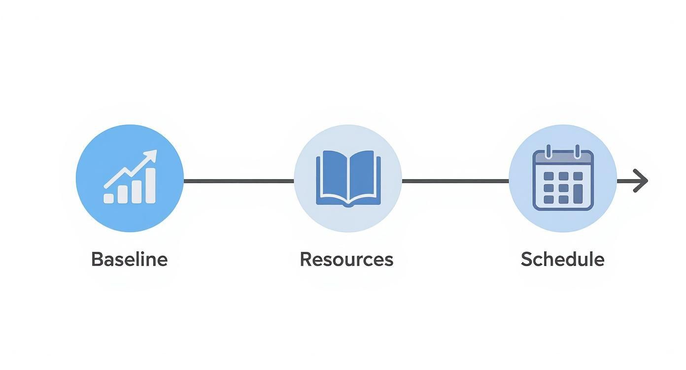 A diagram illustrates a three-step planning process: Baseline, Resources, and Schedule.