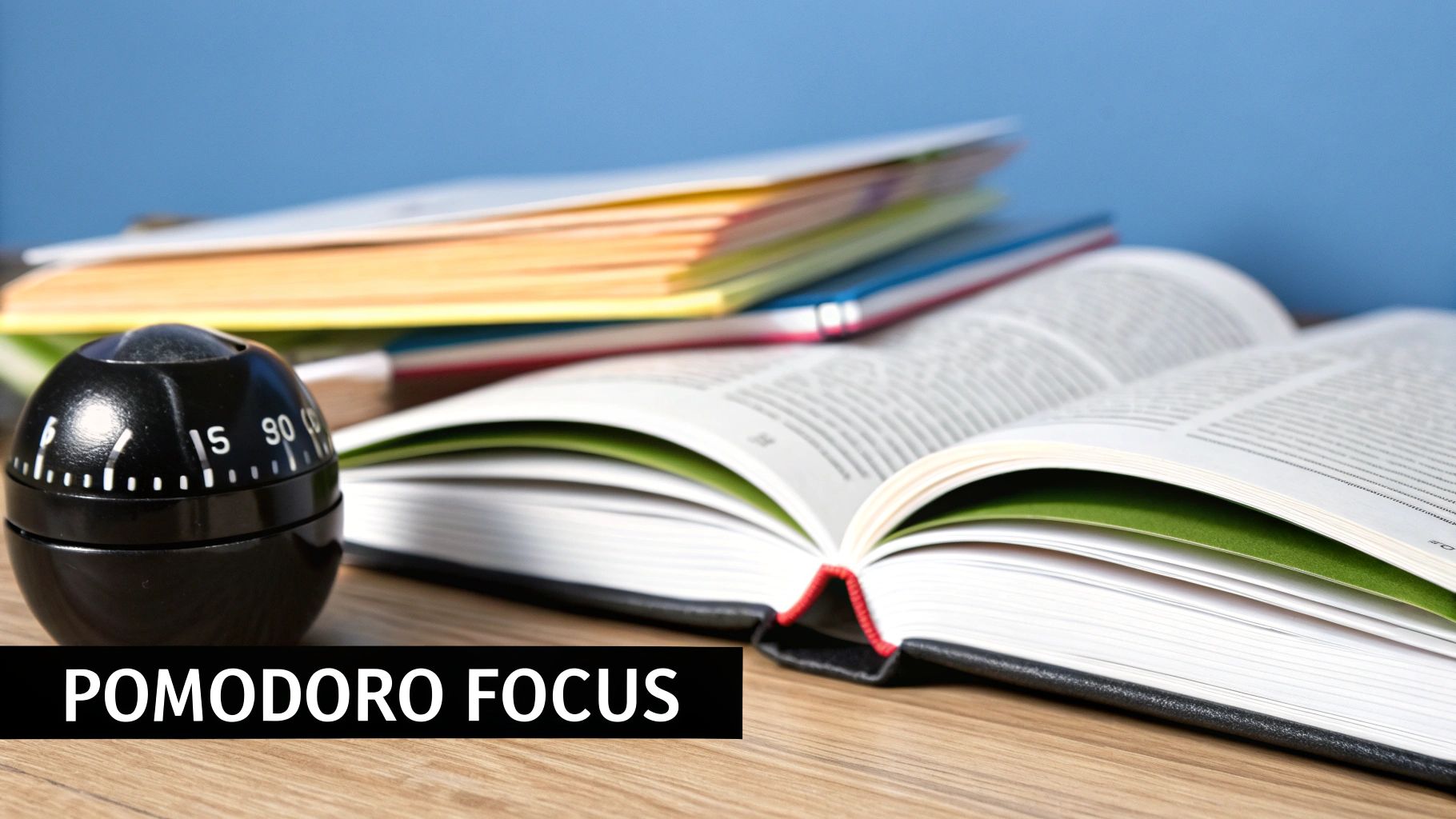 A timer and notebook illustrating the Pomodoro Technique.