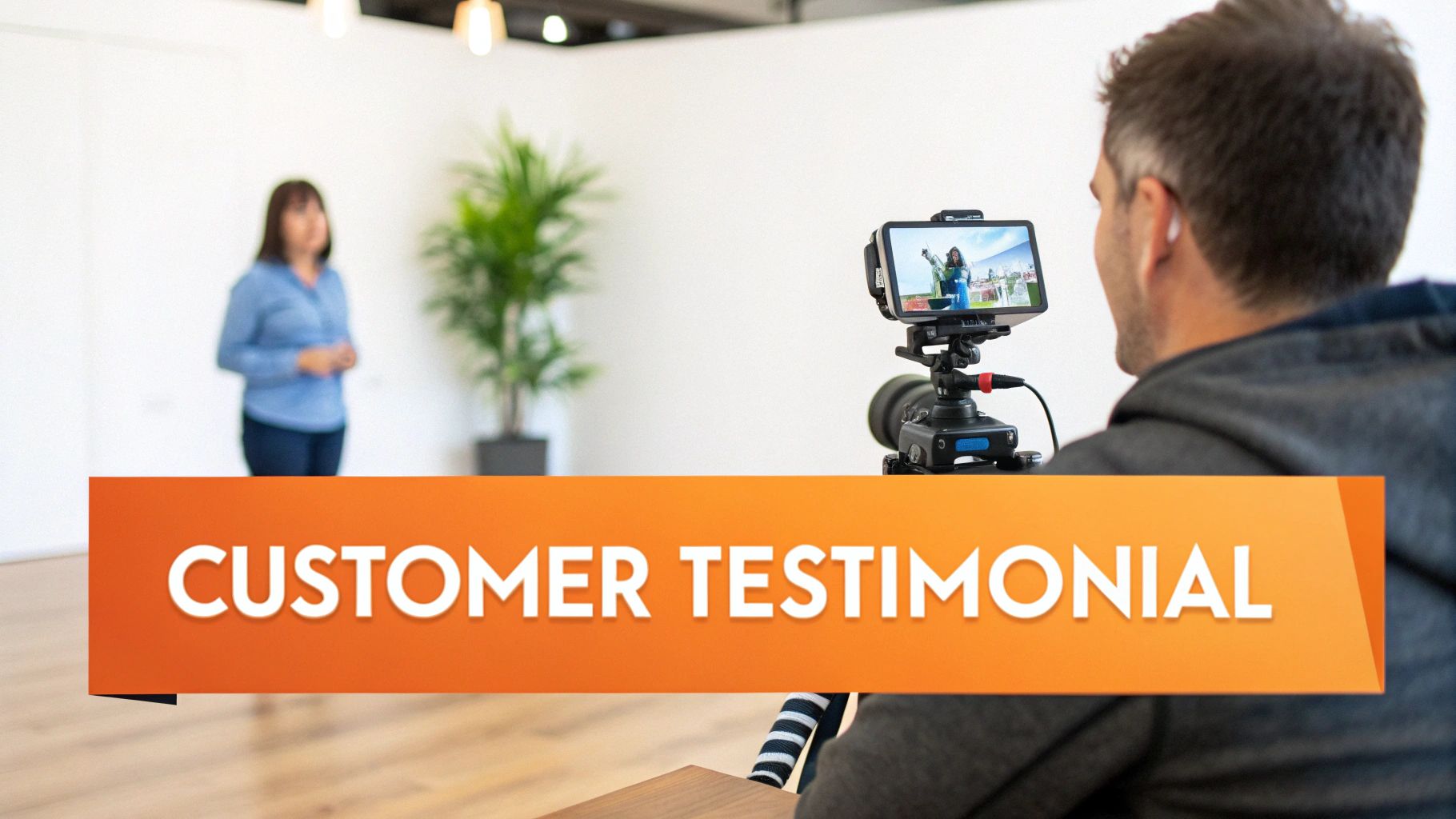 A man films a woman giving a customer testimonial video with a smartphone on a tripod.