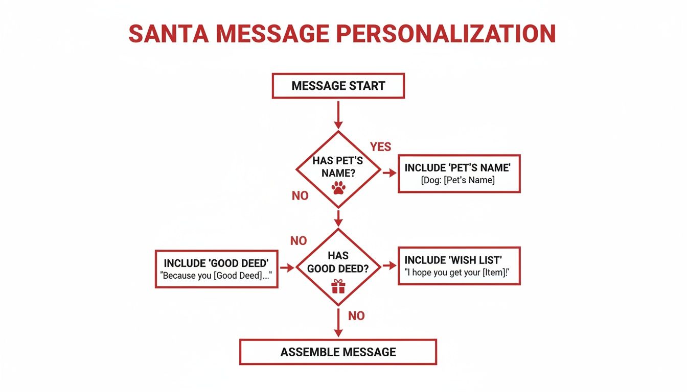 Flowchart detailing Santa message personalization based on pet name, good deeds, and wish list.