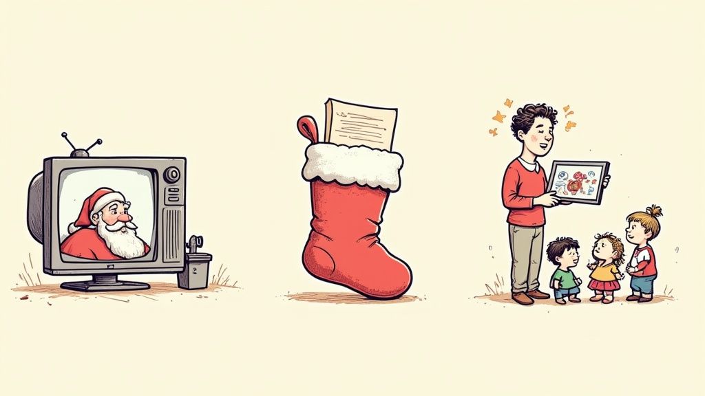 A family gathered on the couch, watching a personalized Santa video on their television with looks of joy and surprise.