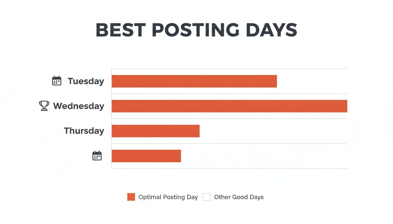 Bar chart illustrating best social media posting days, with Wednesday as optimal, followed by Tuesday and Thursday.