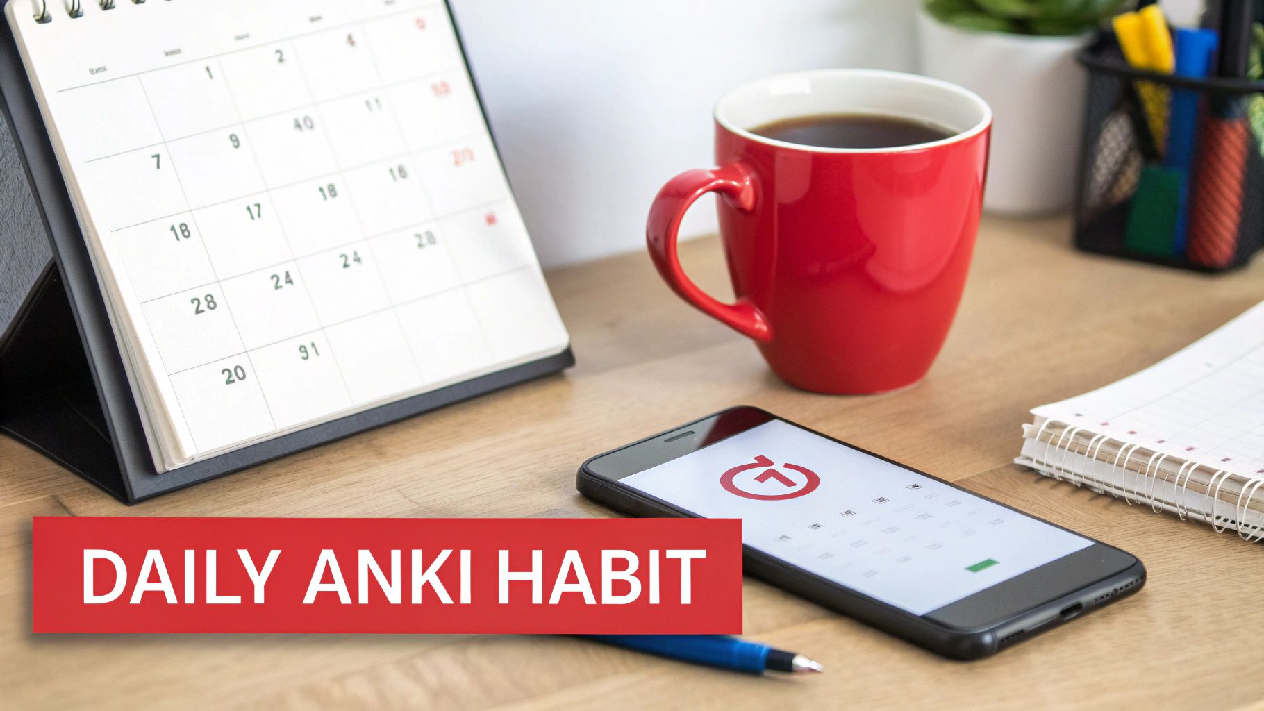 A desk with a calendar, red coffee mug, smartphone showing Anki, and a 'DAILY ANKI HABIT' banner.