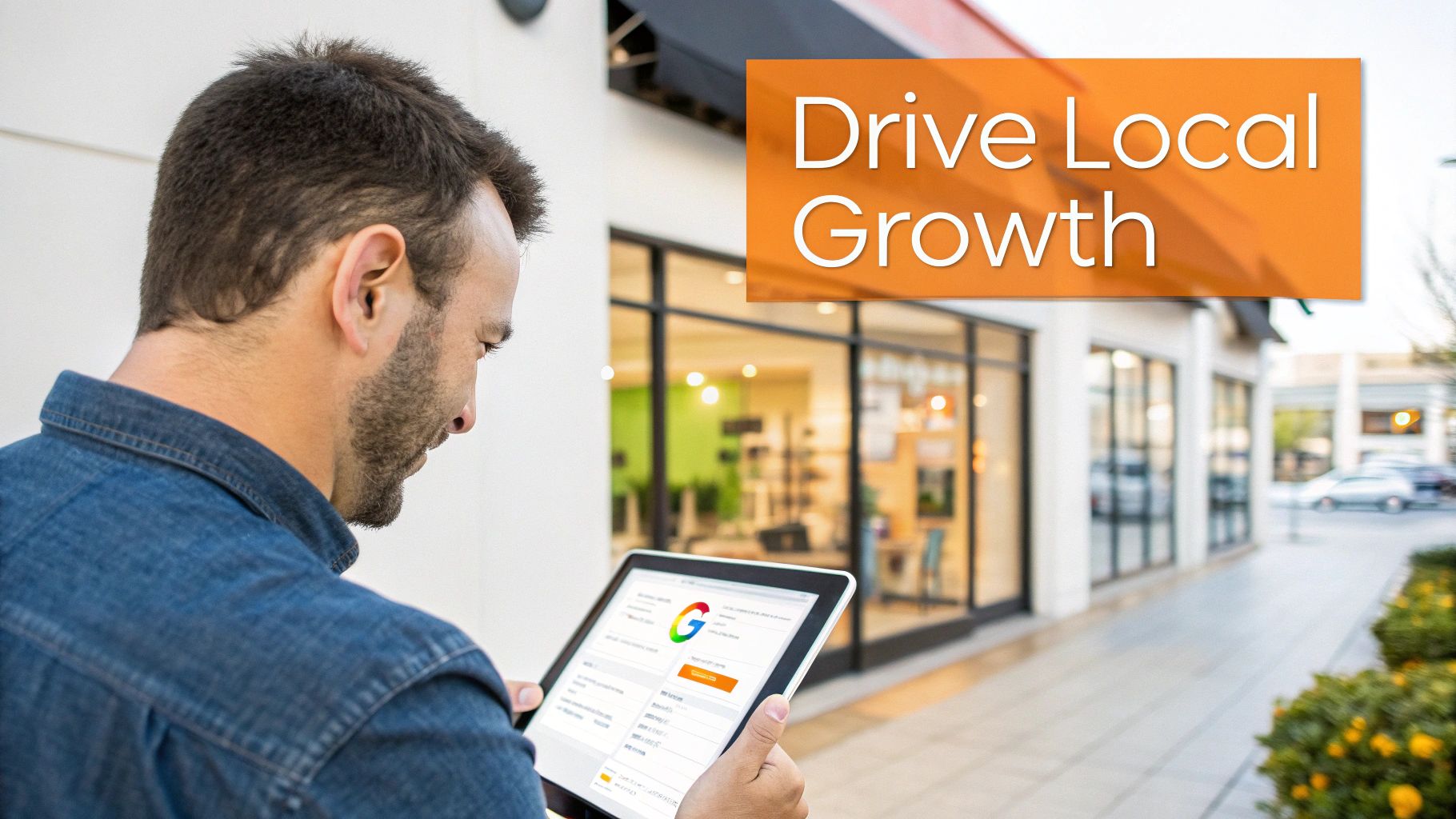 Man managing a Google Business Profile on a tablet for local growth with stores in background.