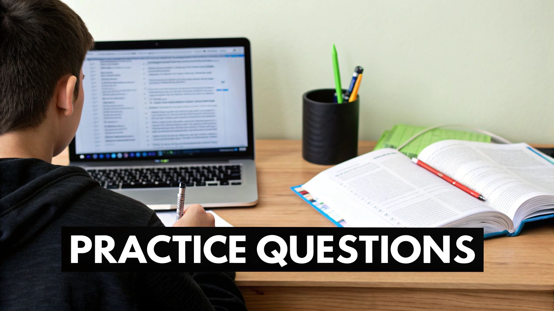 A medical student intently studying with diagrams and a laptop, focused on MCAT biology preparation.