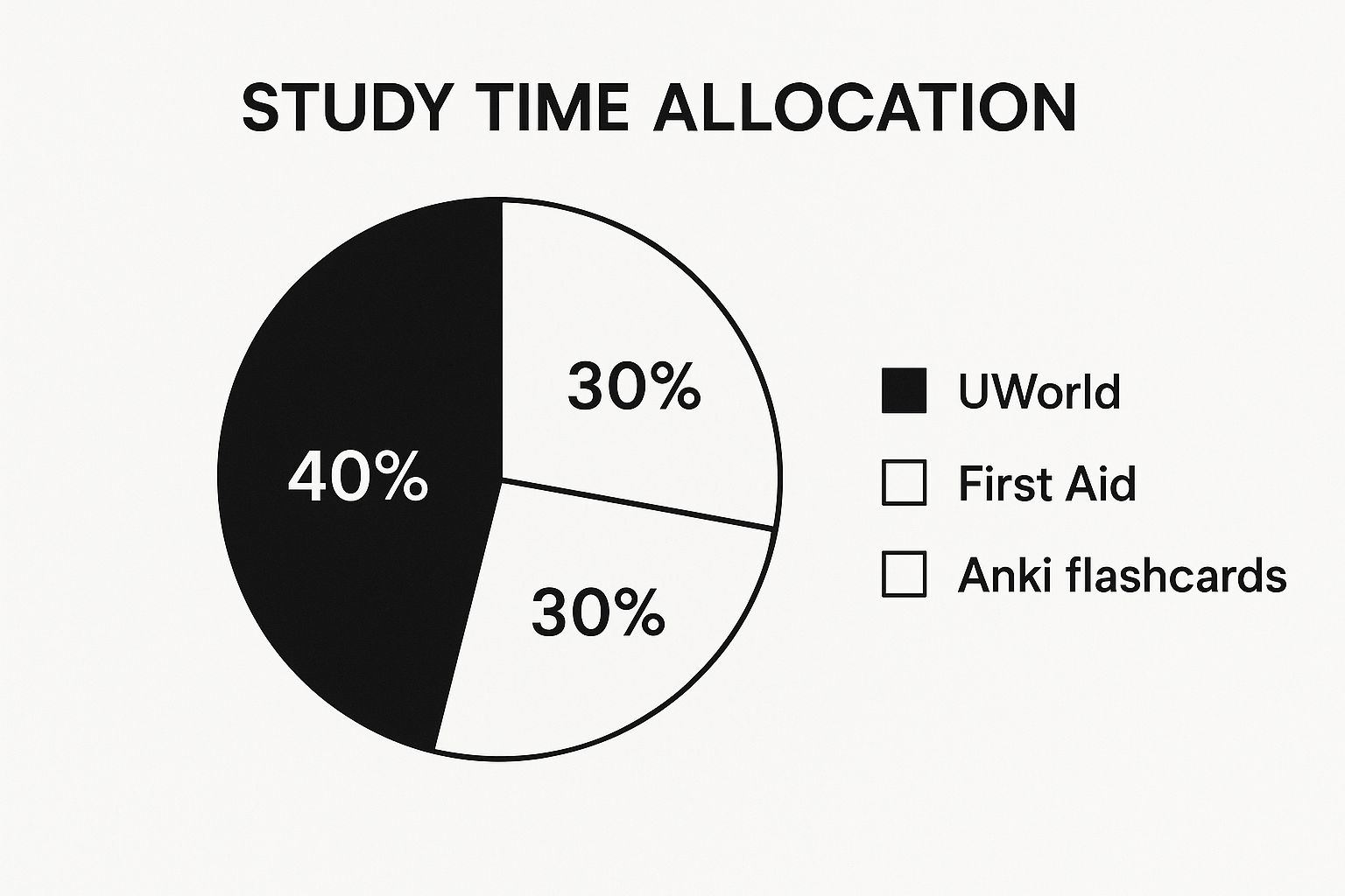 Infographic showing study time allocation with UWorld at 40%, First Aid at 30%, and Anki flashcards at 30%.