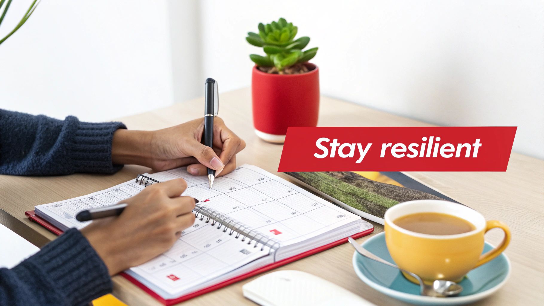 Person's hands writing in a planner at a desk with a coffee, plant, and 'Stay resilient' text.