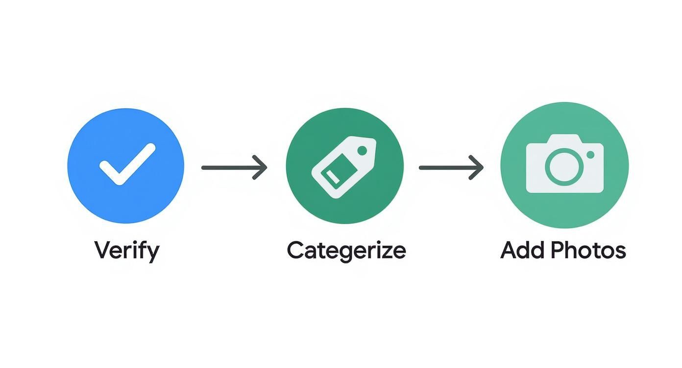 A three-step process workflow showing icons for Verify, Categorize, and Add Photos with connecting arrows.