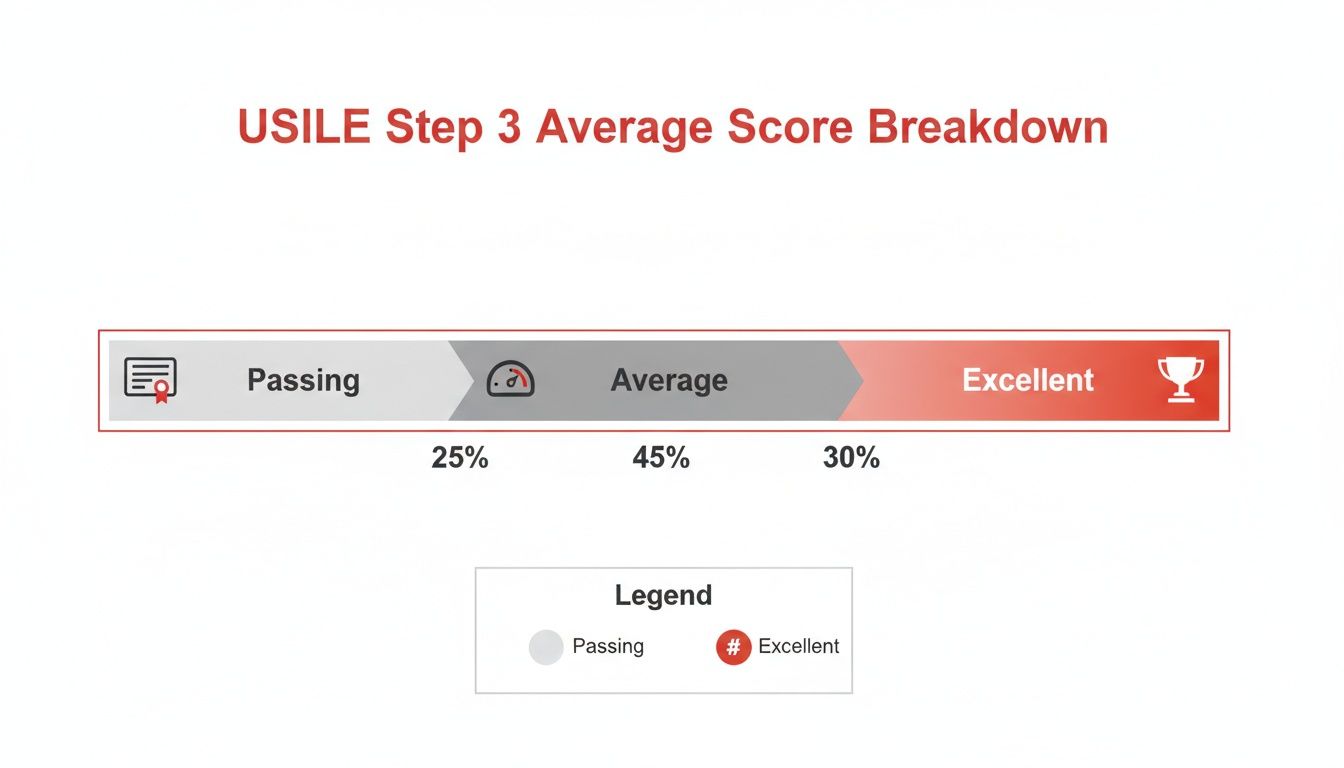 USILE Step 3 average score breakdown chart shows 25% Passing, 45% Average, and 30% Excellent.