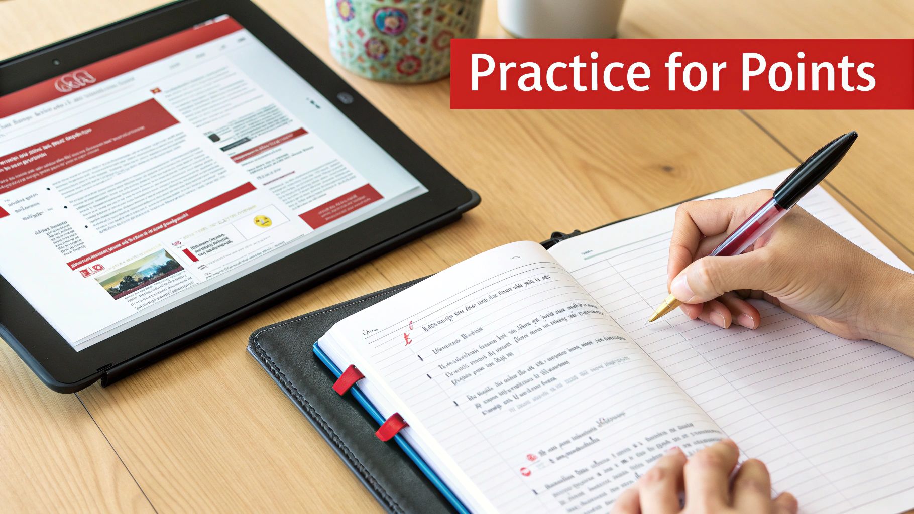 A person's hand writing in a notebook next to a tablet displaying content on a wooden desk.