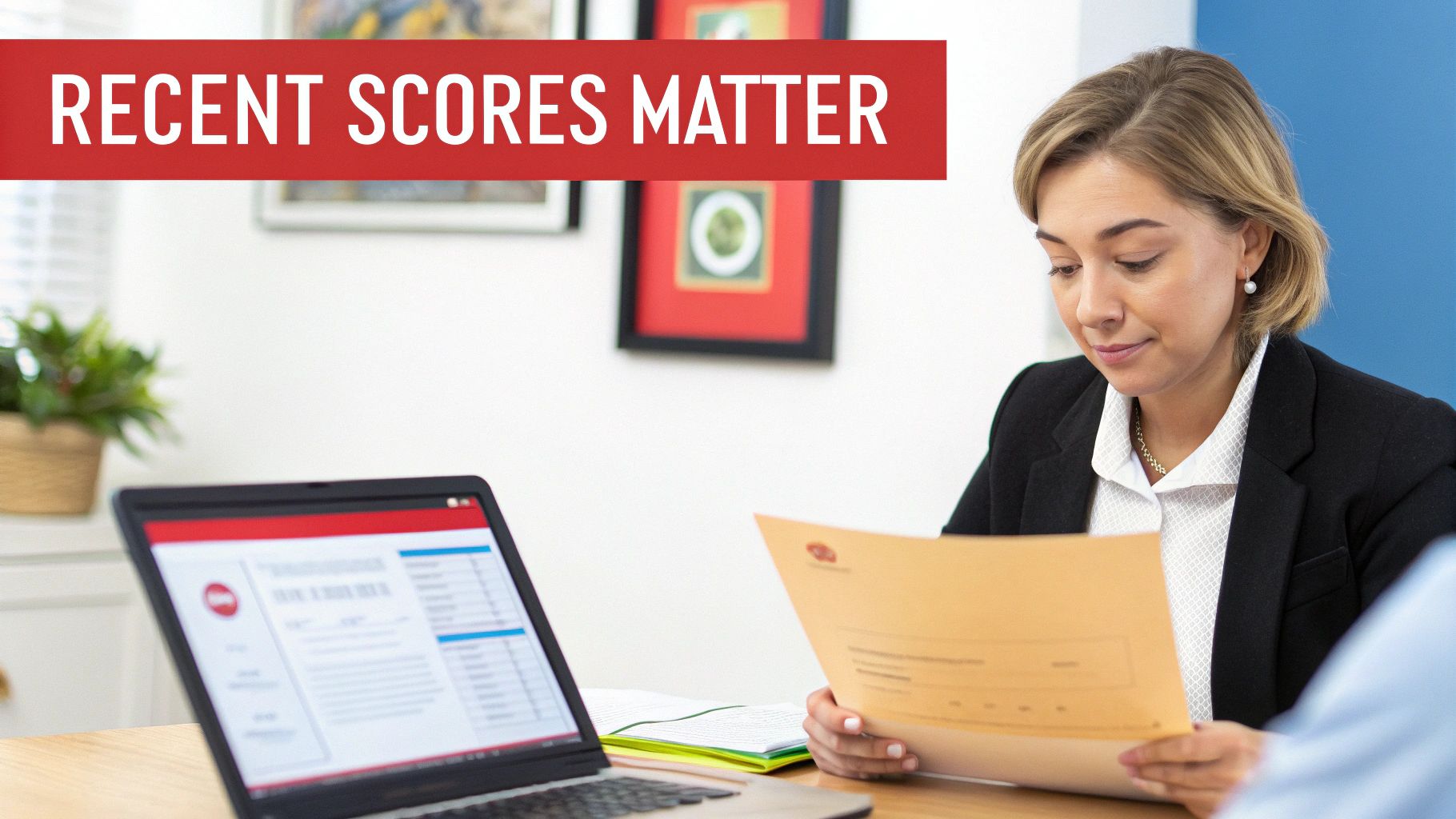 A woman reviews documents and a laptop, with text 'RECENT SCORES MATTER' on a red banner.