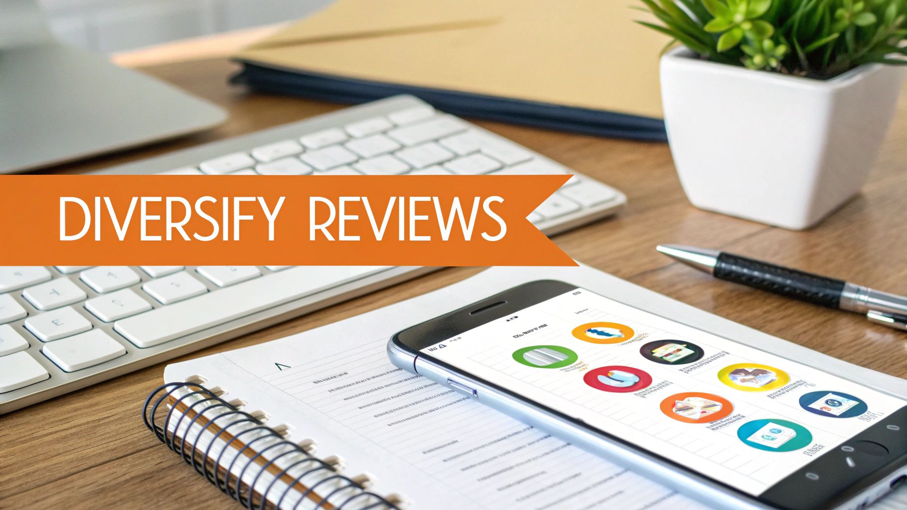 A clean office desk with a laptop, smartphone, pen, and a banner stating 'DIVERSIFY REVIEWS'.