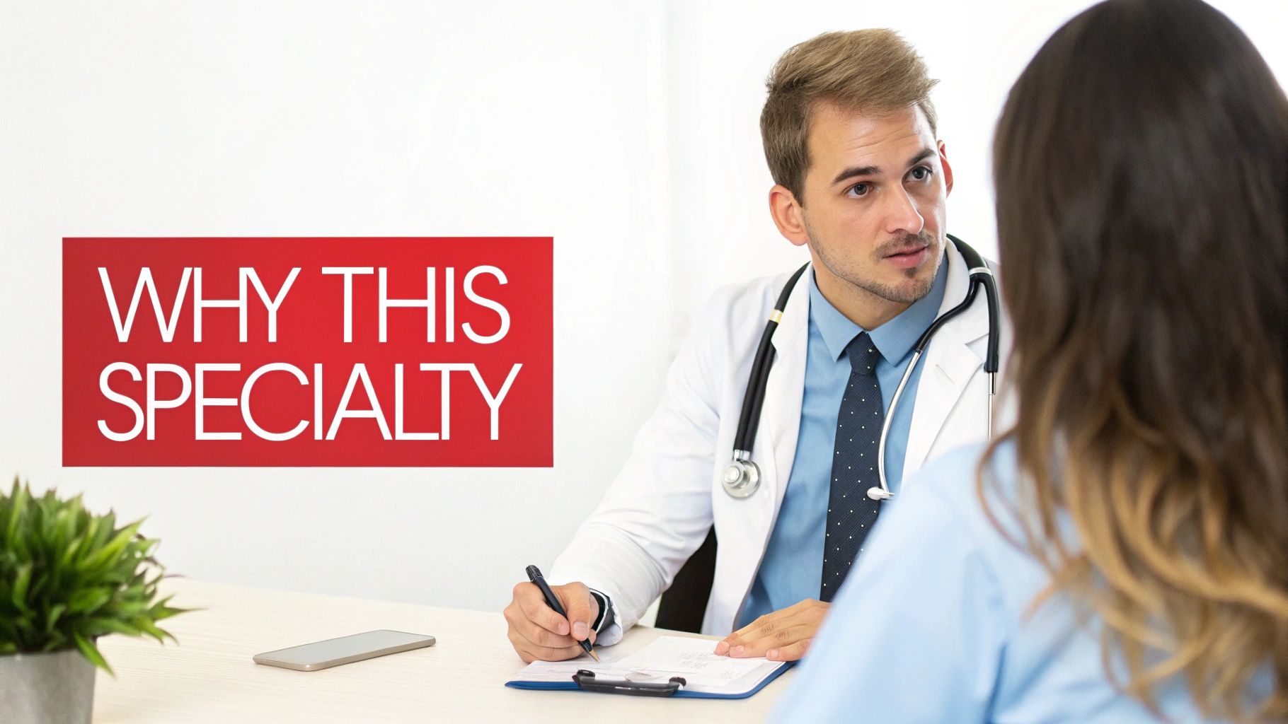 Doctor discusses 'WHY THIS SPECIALTY' with a patient or trainee at a clinic desk.