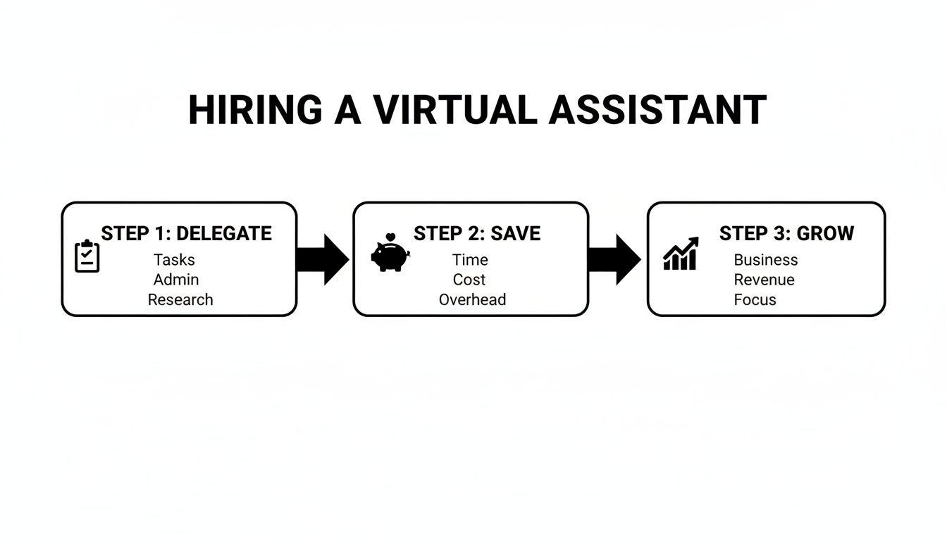 Flowchart illustrating how hiring a virtual assistant leads to delegating tasks, saving costs, and growing business.