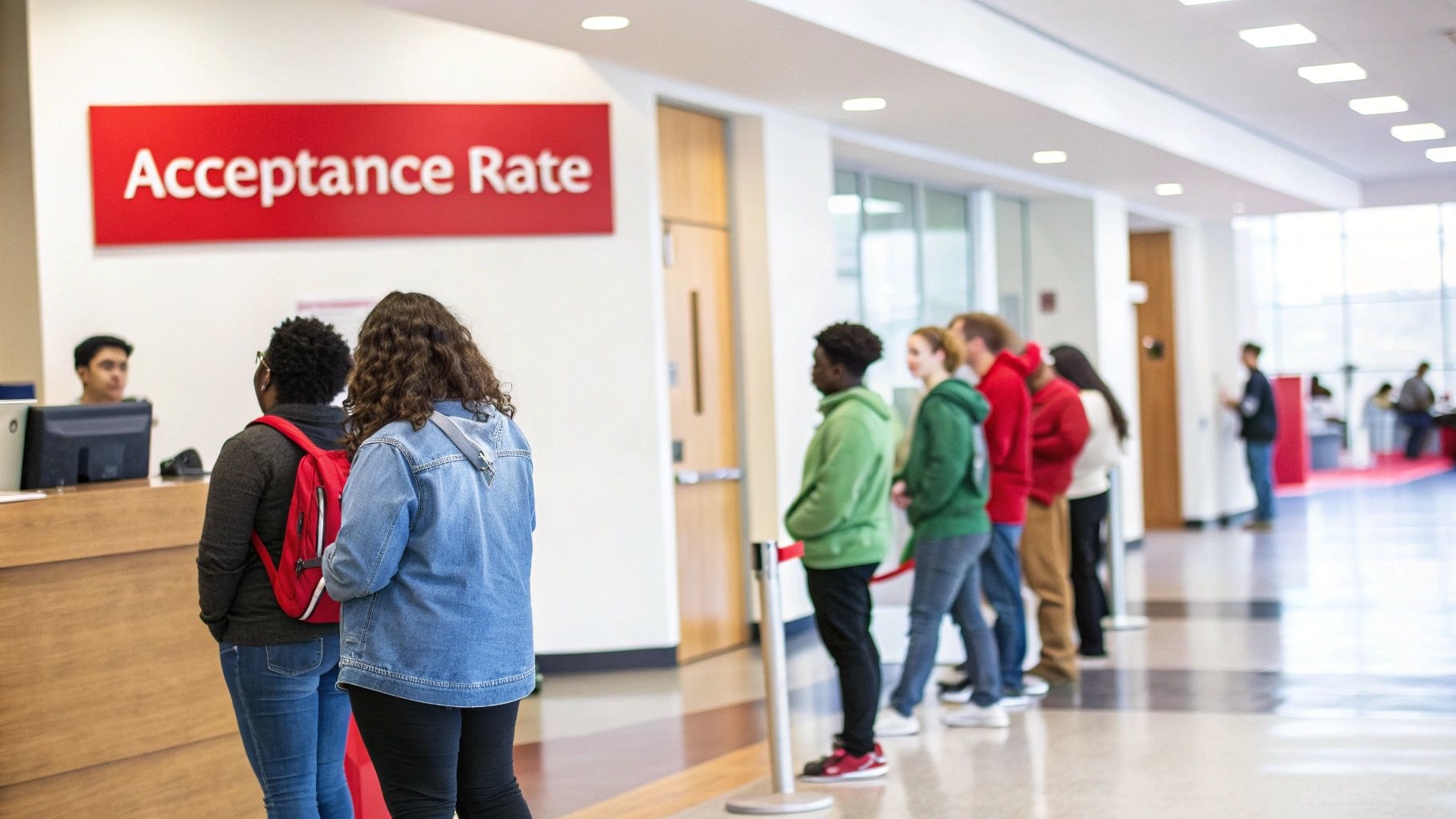 Students waiting in line at a university admissions office under an 'Acceptance Rate' sign.