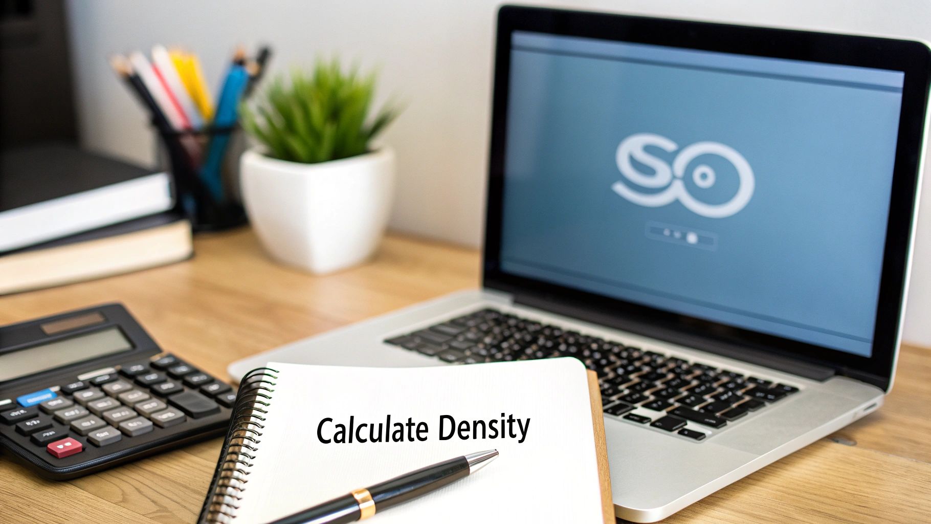 A calculator and a keyboard, representing the process of calculating keyword density.