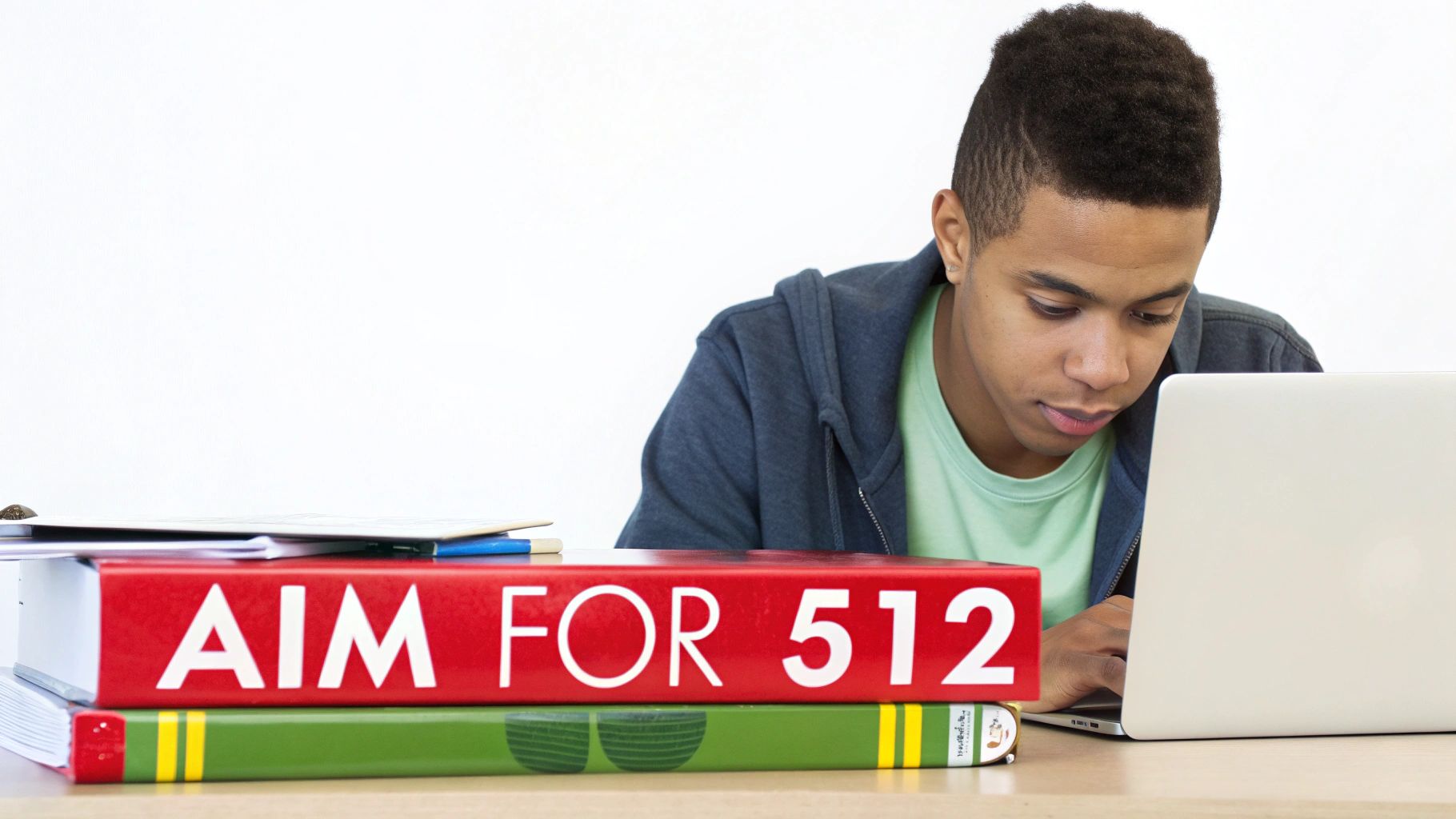 A focused student studies at a desk with a laptop and books, aiming for a high score.