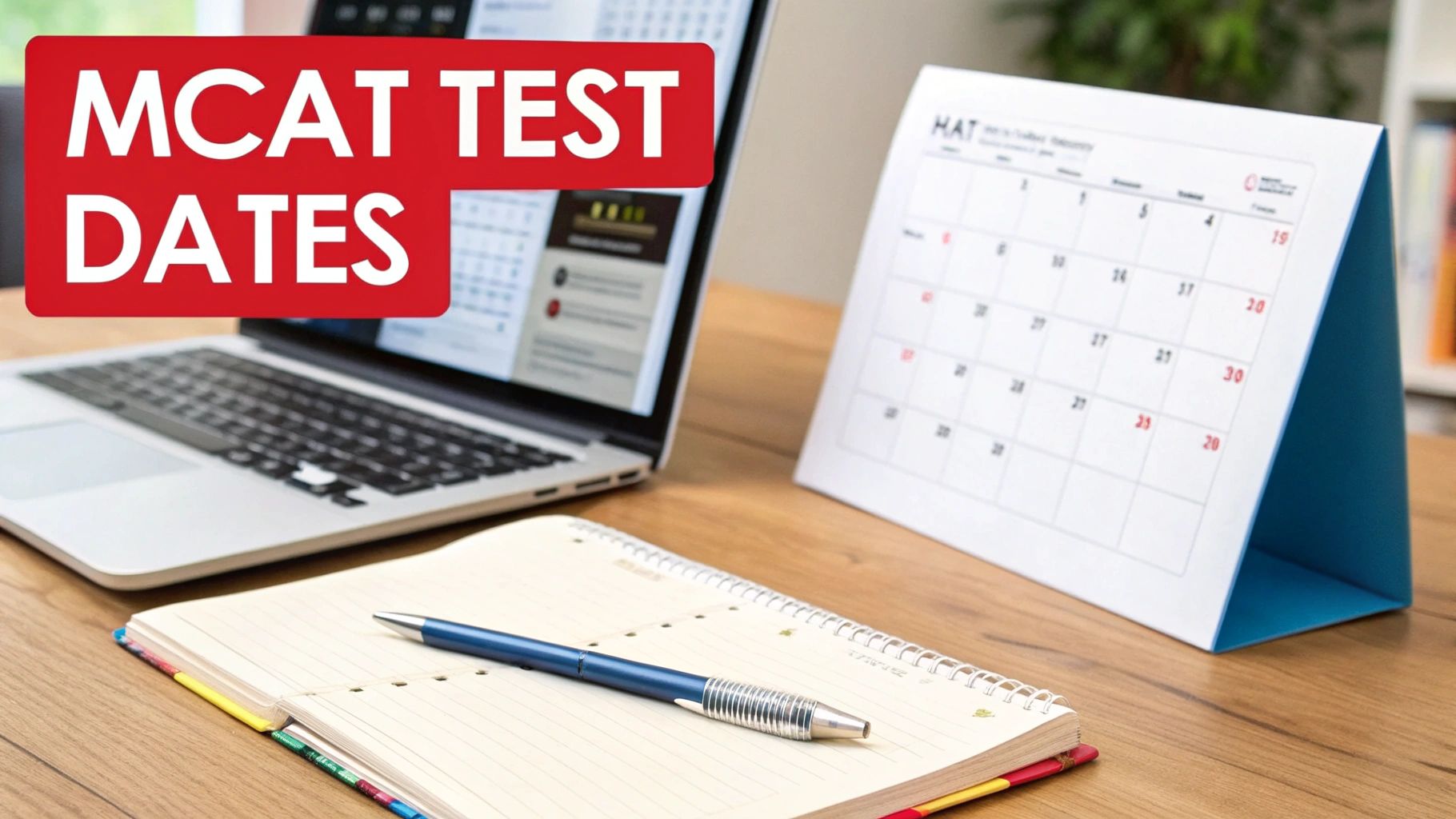 A desk with a laptop, calendar, notebook, and pen, featuring a banner for MCAT test dates.
