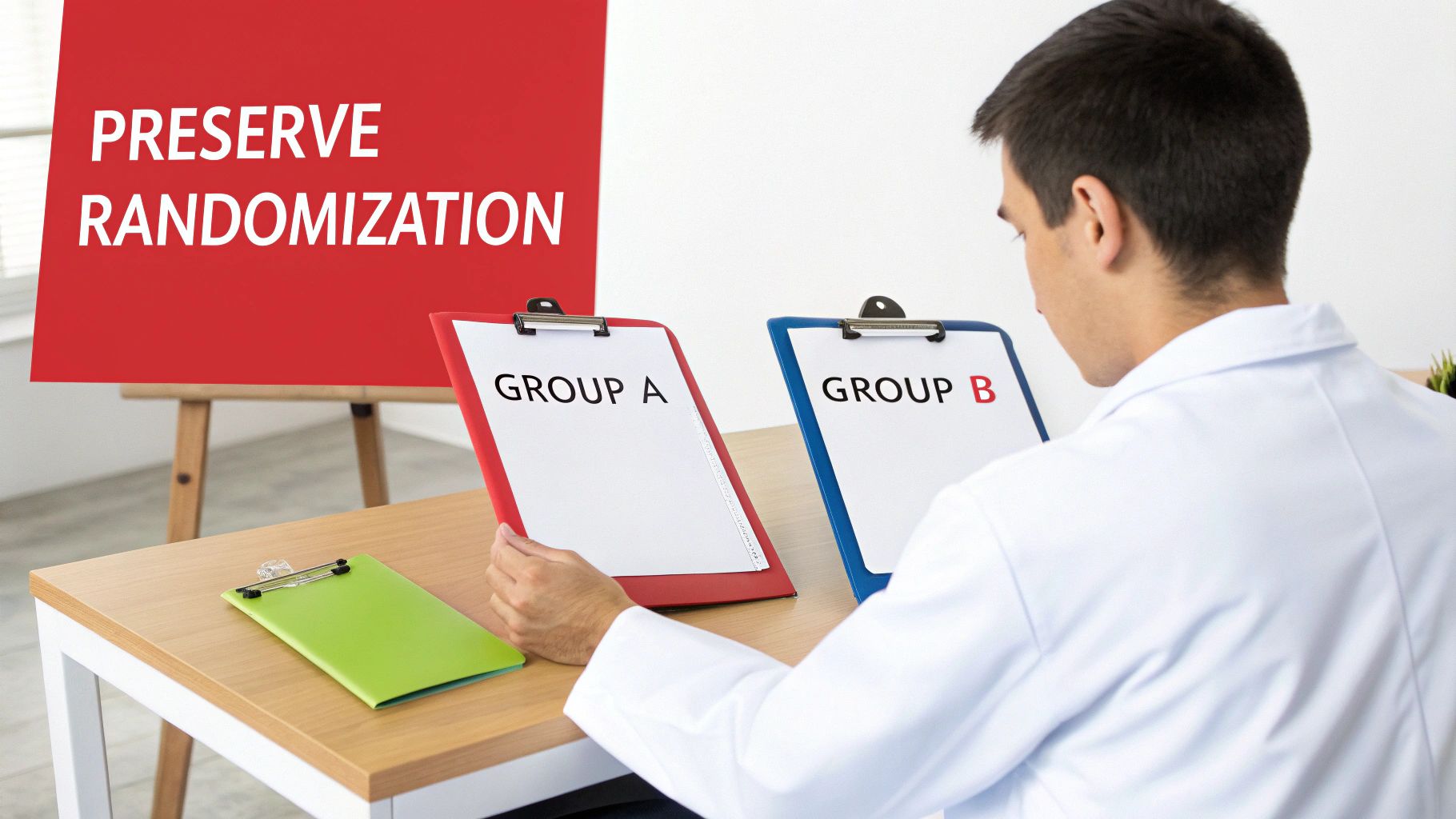 A researcher reviews Group A and B clipboards, with a sign in the background stating 'PRESERVE RANDOMIZATION'.