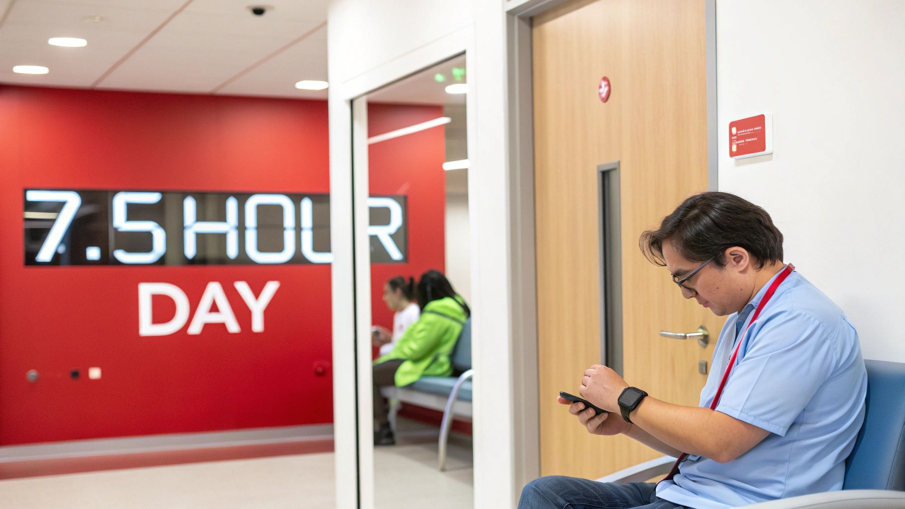 A man in scrubs sits in a waiting area, checking his phone, with a '7.5 HOUR DAY' sign visible.