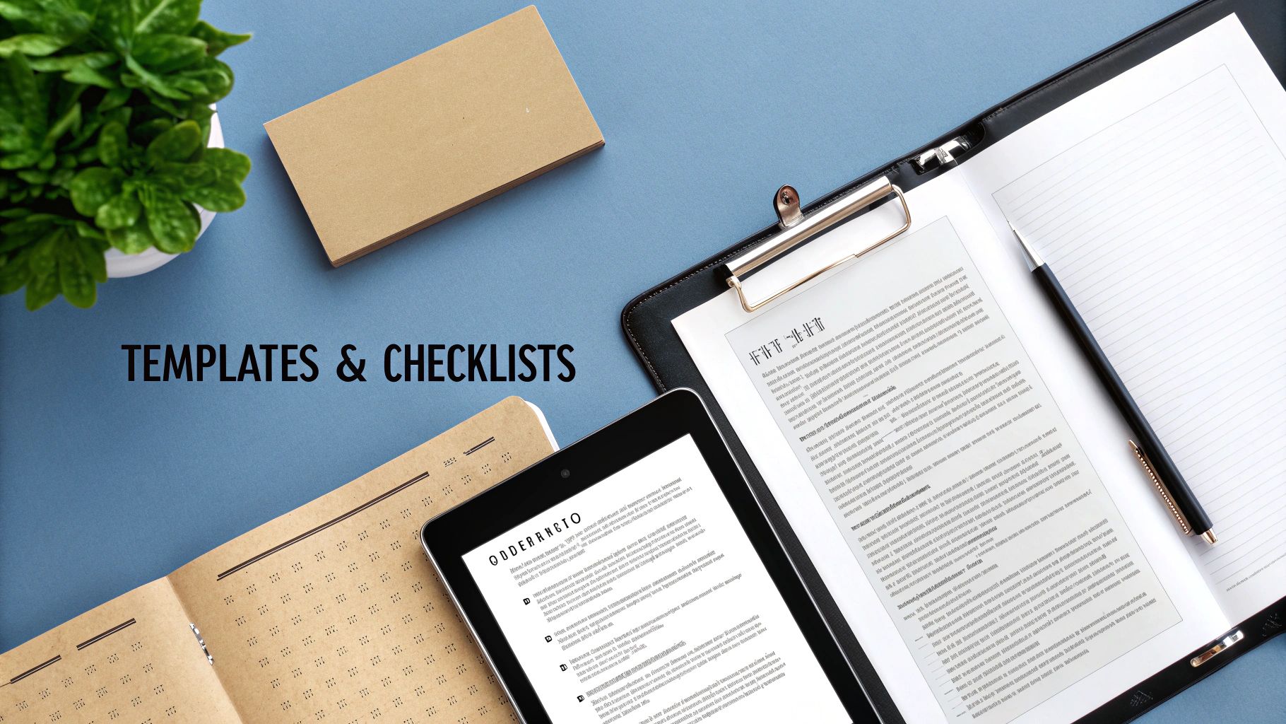 Overhead view of an office desk with a plant, clipboard, tablet, notebook, and pen, displaying 'TEMPLATES & CHECKLISTS'.