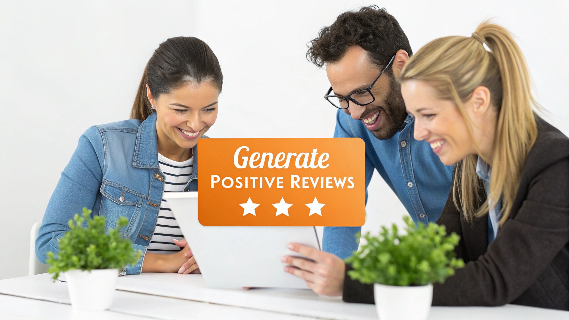 Three happy people smiling at a laptop screen displaying 'Generate Positive Reviews' with three stars, in an office setting.