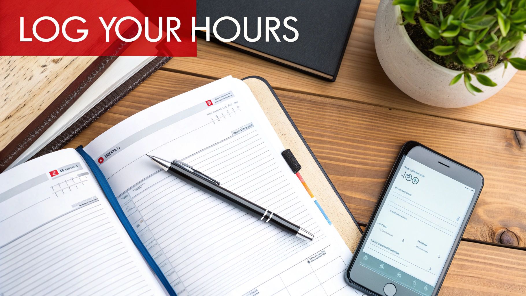 A flat lay shows an open planner, pen, smartphone, and plant on a wooden desk, with "LOG YOUR HOURS" text.