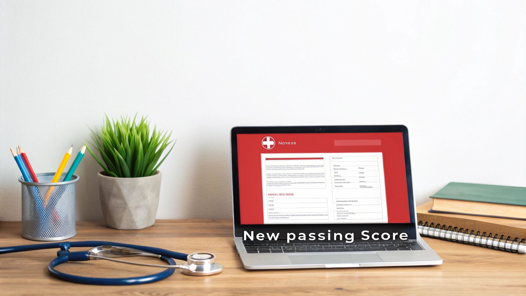A medical professional's desk with a laptop displaying 'New passing Score', a stethoscope, and study materials.