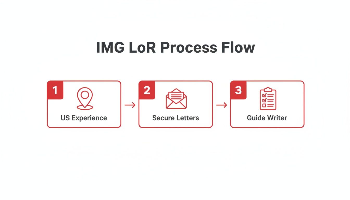 A three-step process flow for IMG LoR, showing US Experience, Secure Letters, and Guide Writer.