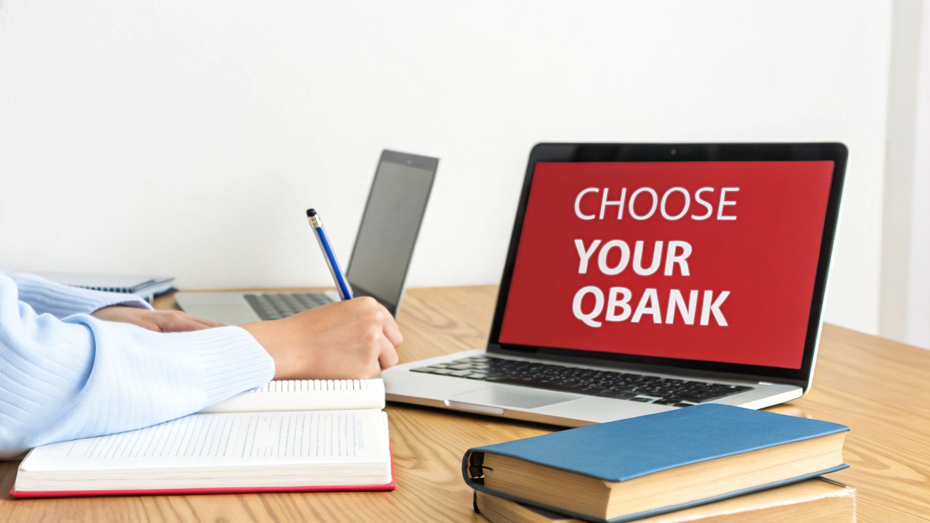 A student works at a desk with an open book, pencil, and a laptop showing 'CHOOSE YOUR QBANK'.