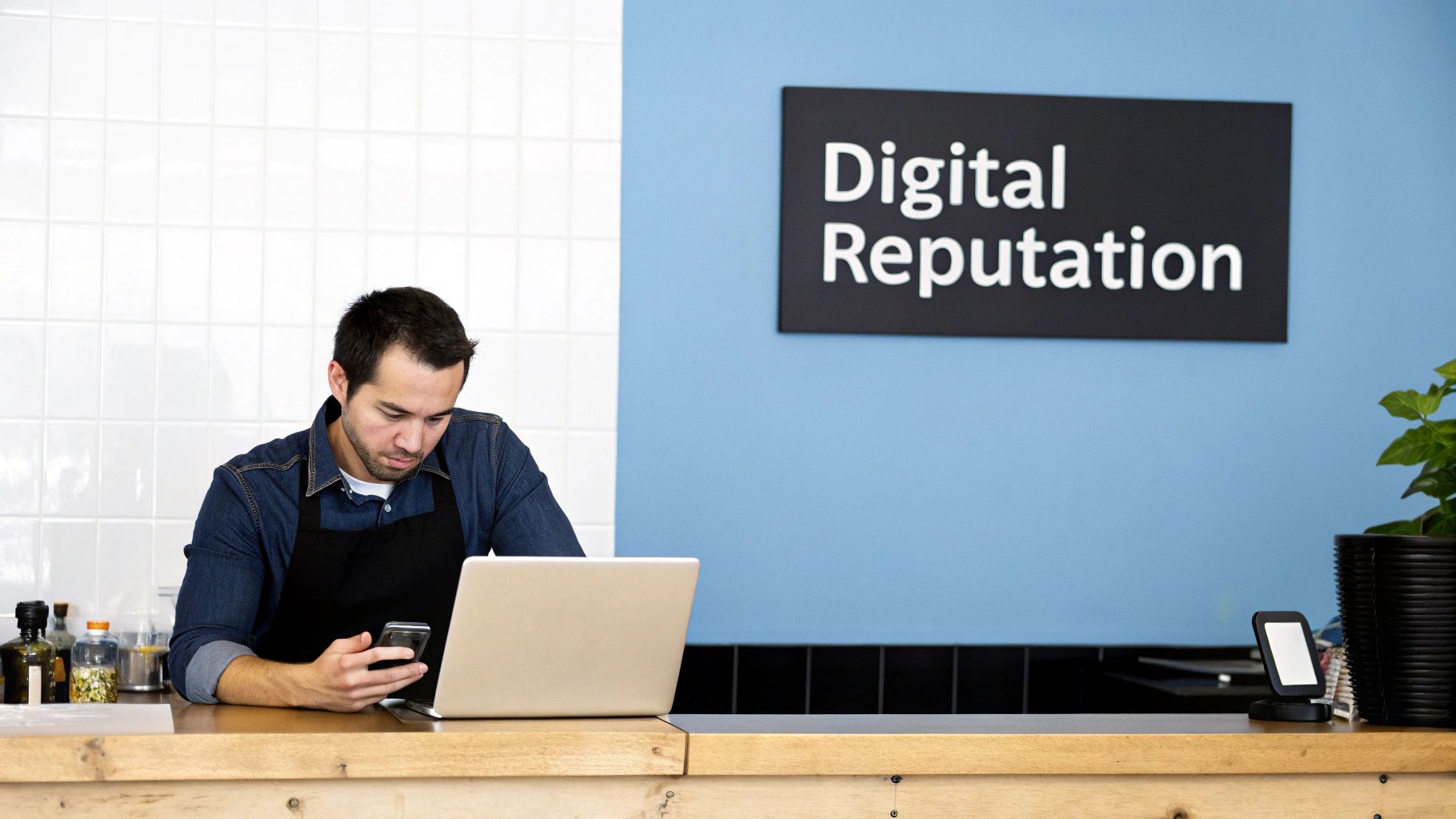 A person managing their business's online reputation on a laptop and phone, with charts and star ratings visible.