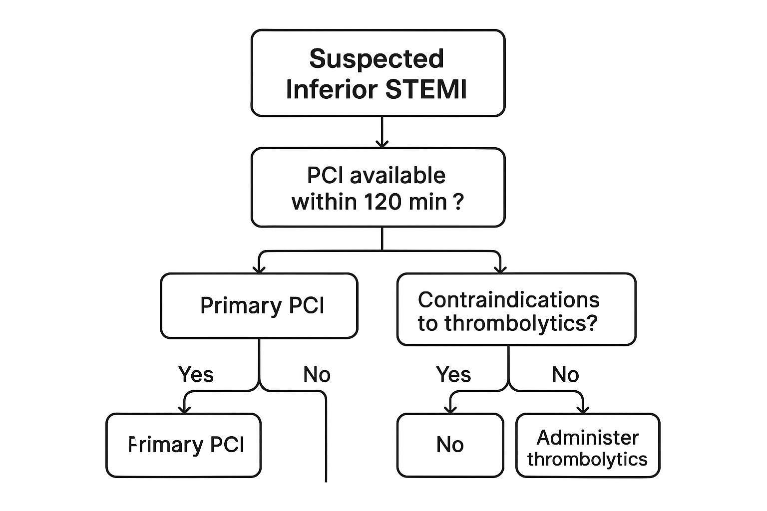 Infographic showing the decision-making process for STEMI management, starting with suspected inferior STEMI and branching based on PCI availability and contraindications.