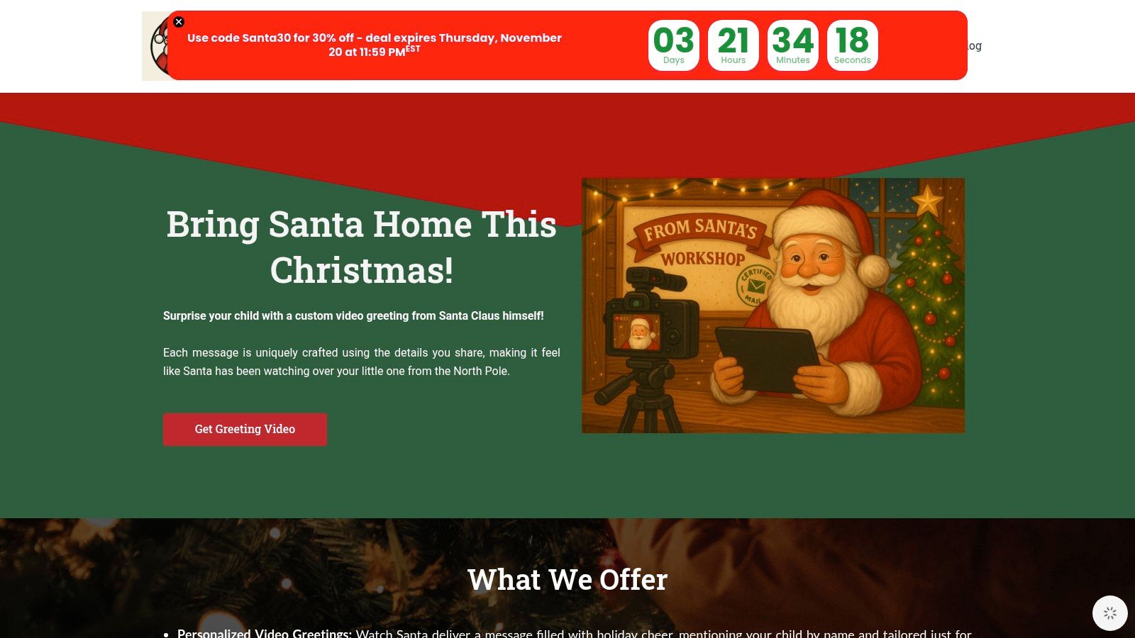 A collage of a child watching a personalized Santa video message on a tablet and a family reading a custom Santa letter together.