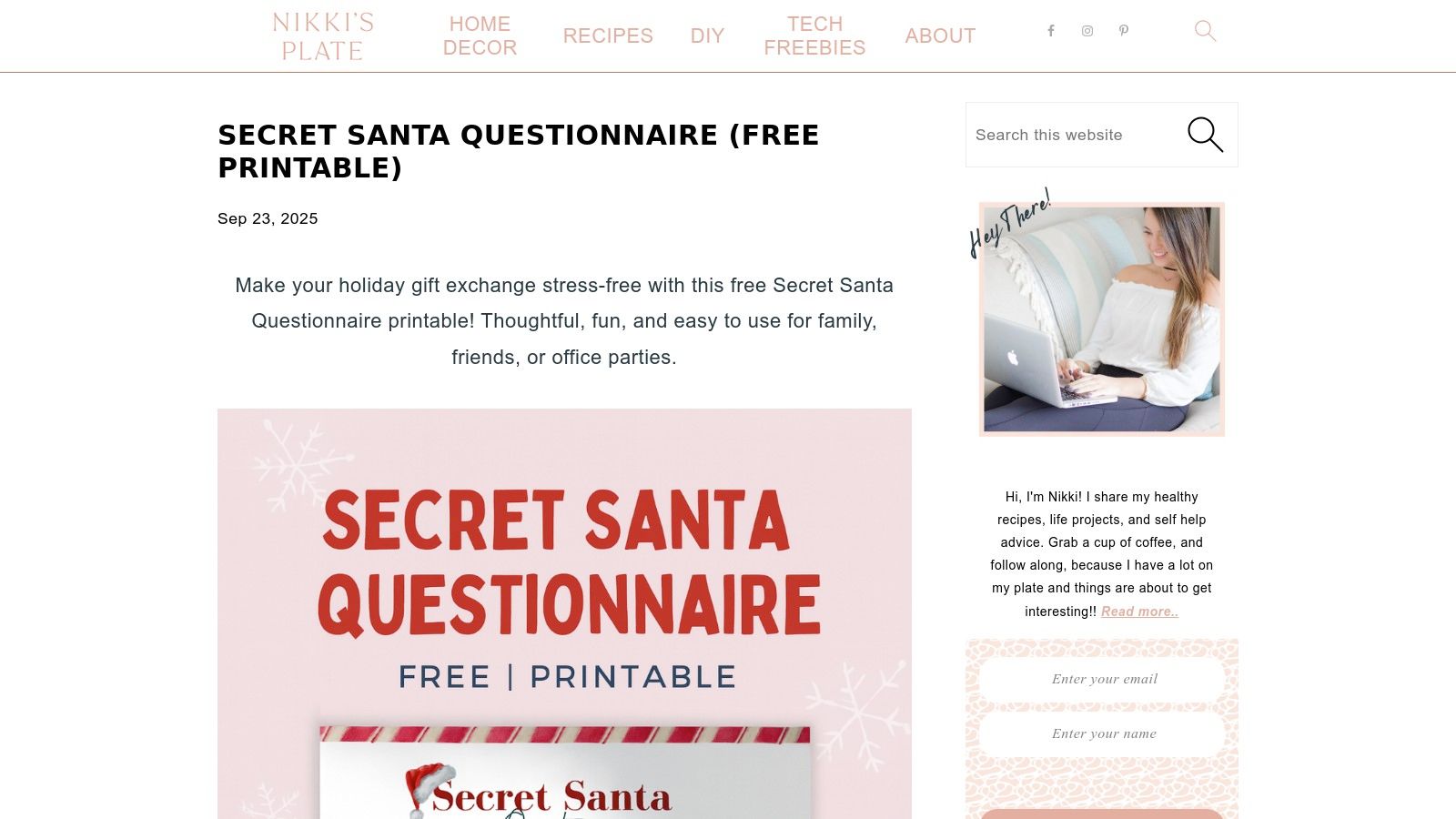 A screenshot of the Nikki’s Plate Secret Santa Questionnaire PDF, showing fields for favorite snacks, hobbies, and things to avoid.