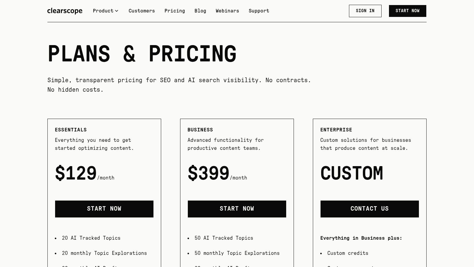 Clearscope pricing plans showing different tiers for content optimization and AI features.