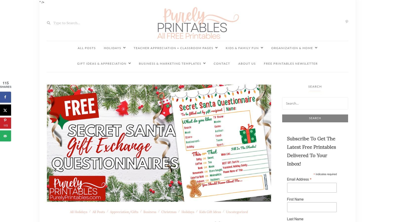 A screenshot of the Purely Printables website showing a stylish and modern Secret Santa questionnaire template.