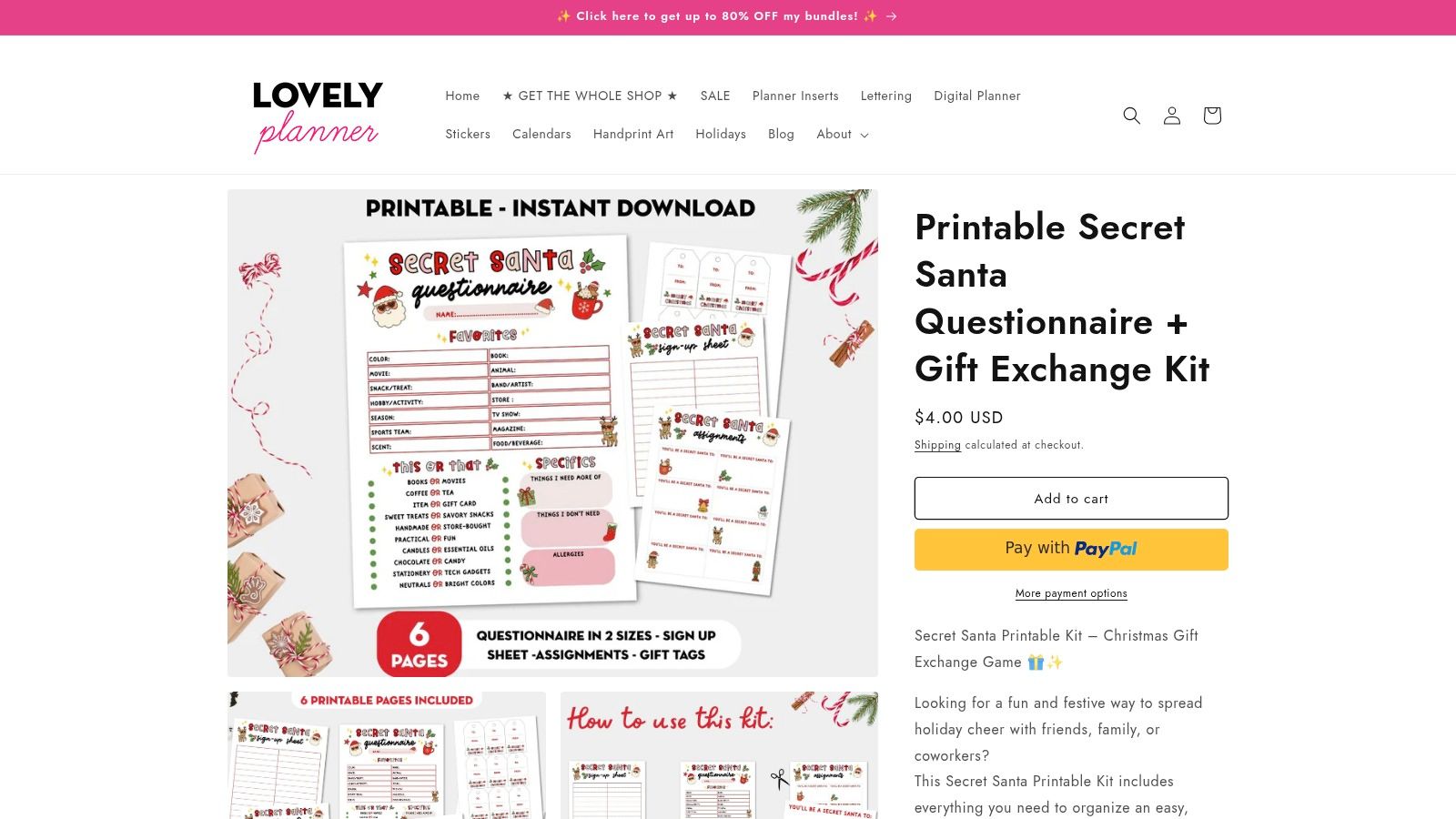 A preview of the Lovely Planner Shop Secret Santa Kit, including the questionnaire and gift tags.