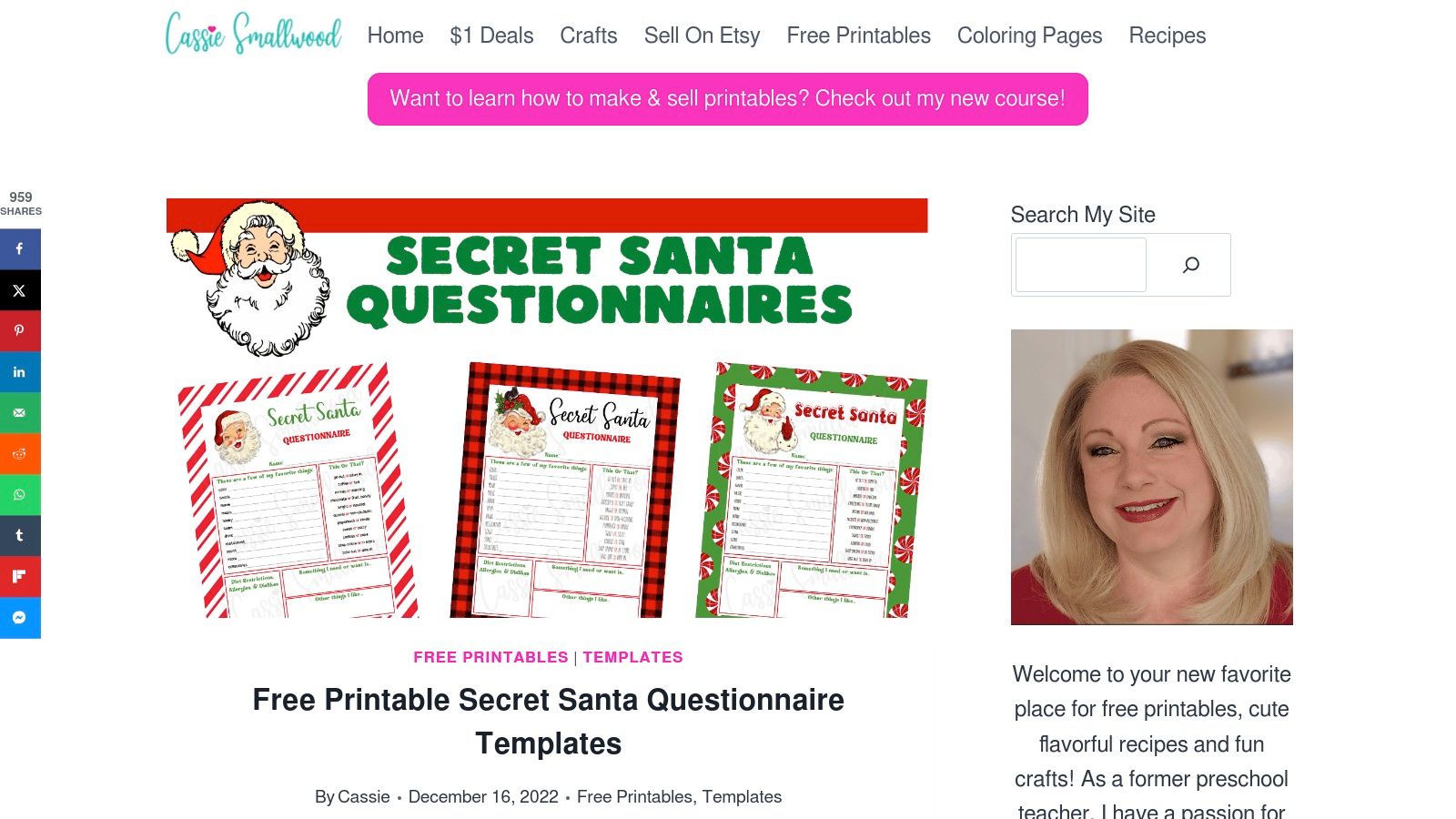 Three different themed Secret Santa questionnaire printables from Cassie Smallwood, showing festive designs.