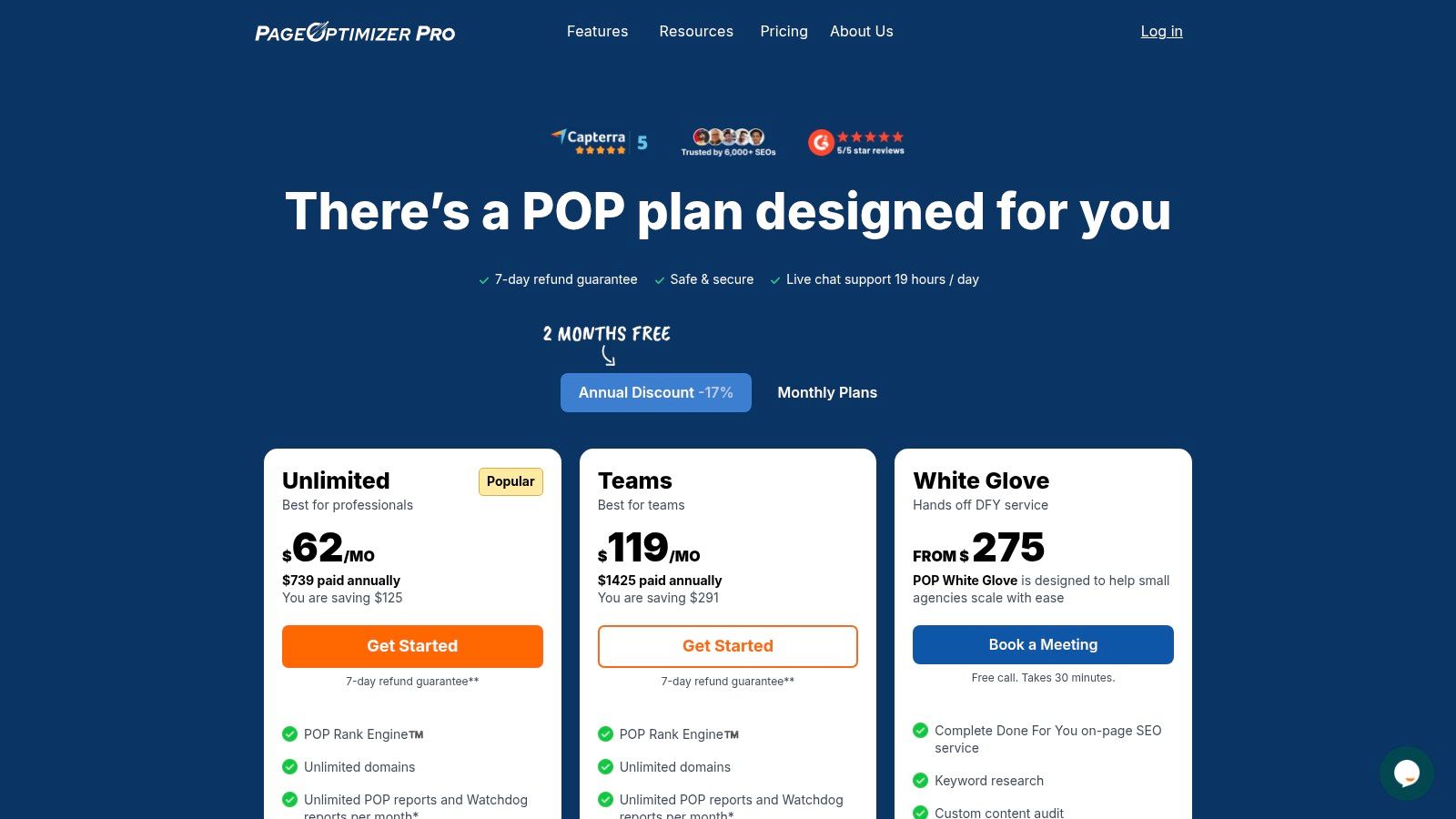 PageOptimizer Pro (POP) pricing plans with different feature sets and credit allocations.