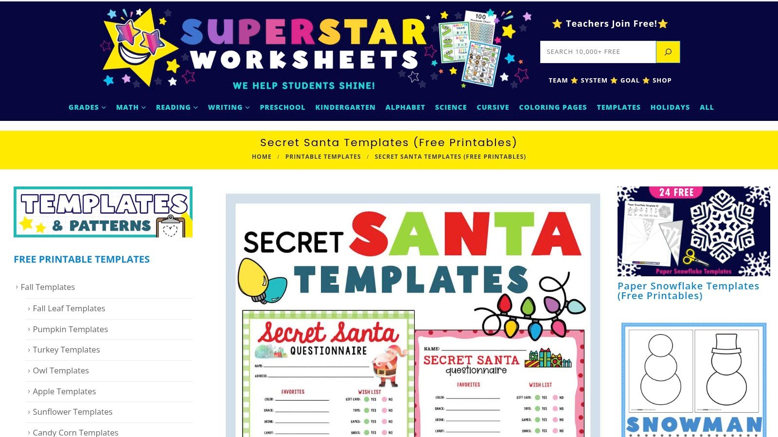 A screenshot of the Secret Santa templates available on Superstar Worksheets, showing a colorful and kid-friendly design for questionnaires and sign-up forms.